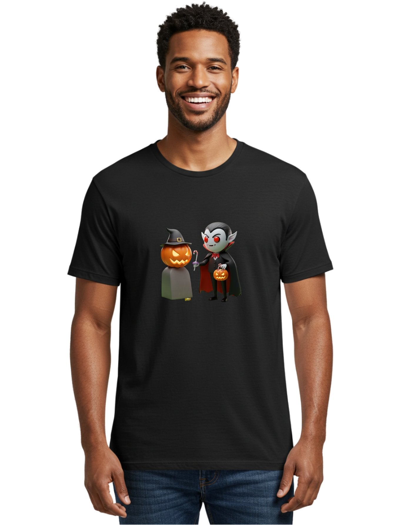 Vampire-And-Jack-O-Lantern Men'S Graphic Tee, 100% Cotton, Comfortable Casual Summer Wear, Machine Washable, Vampire Character, Jack-O-Lantern, Halloween Theme, Cartoon Style, Spooky Atmosphere, 3D Illustration, Trick Or Treat, Gothic, Fantasy Bad879 20