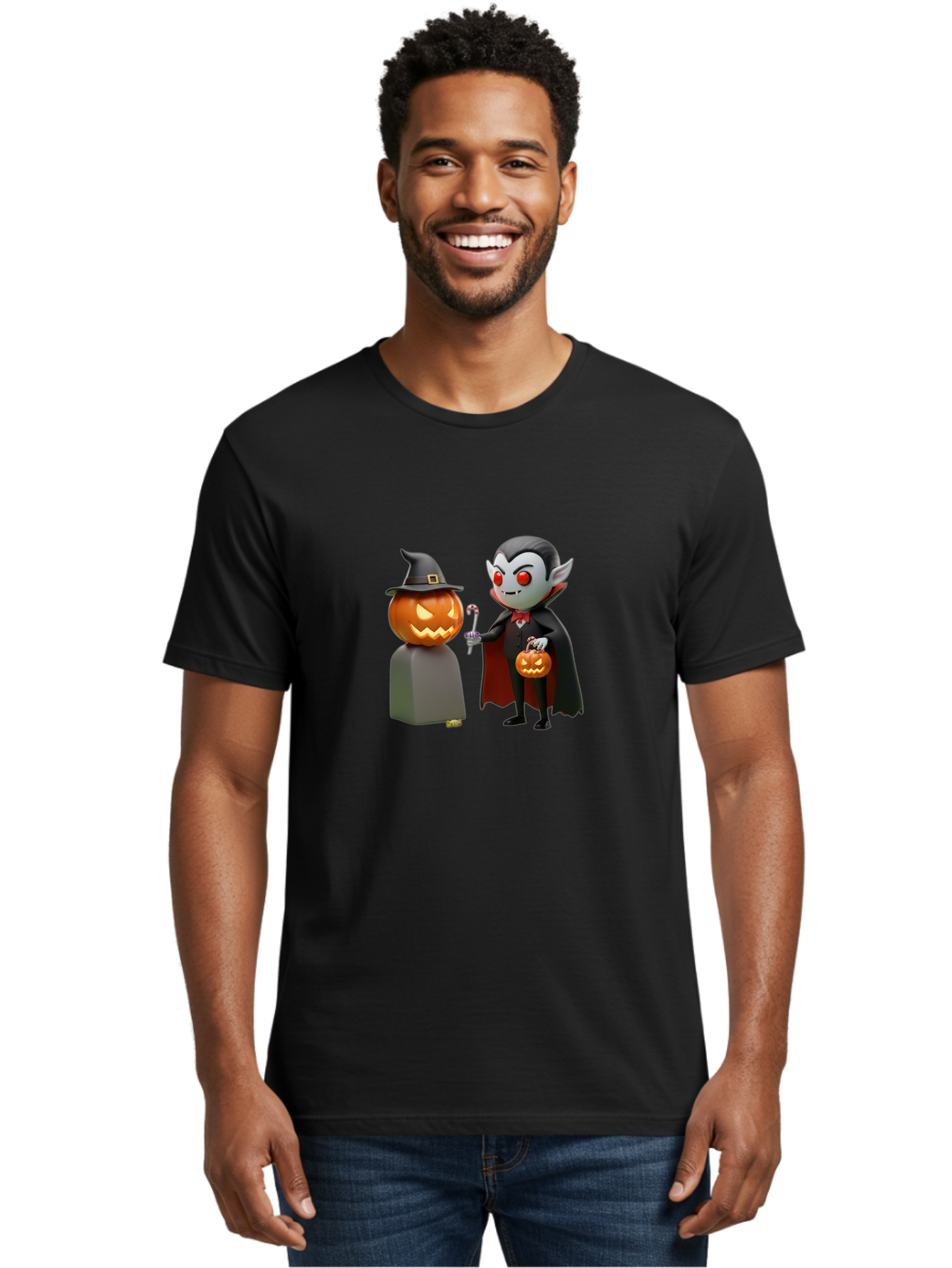 Vampire-And-Jack-O-Lantern Men'S Graphic Tee, 100% Cotton, Comfortable Casual Summer Wear, Machine Washable, Vampire Character, Jack-O-Lantern, Halloween Theme, Cartoon Style, Spooky Atmosphere, 3D Illustration, Trick Or Treat, Gothic, Fantasy Bad879 30