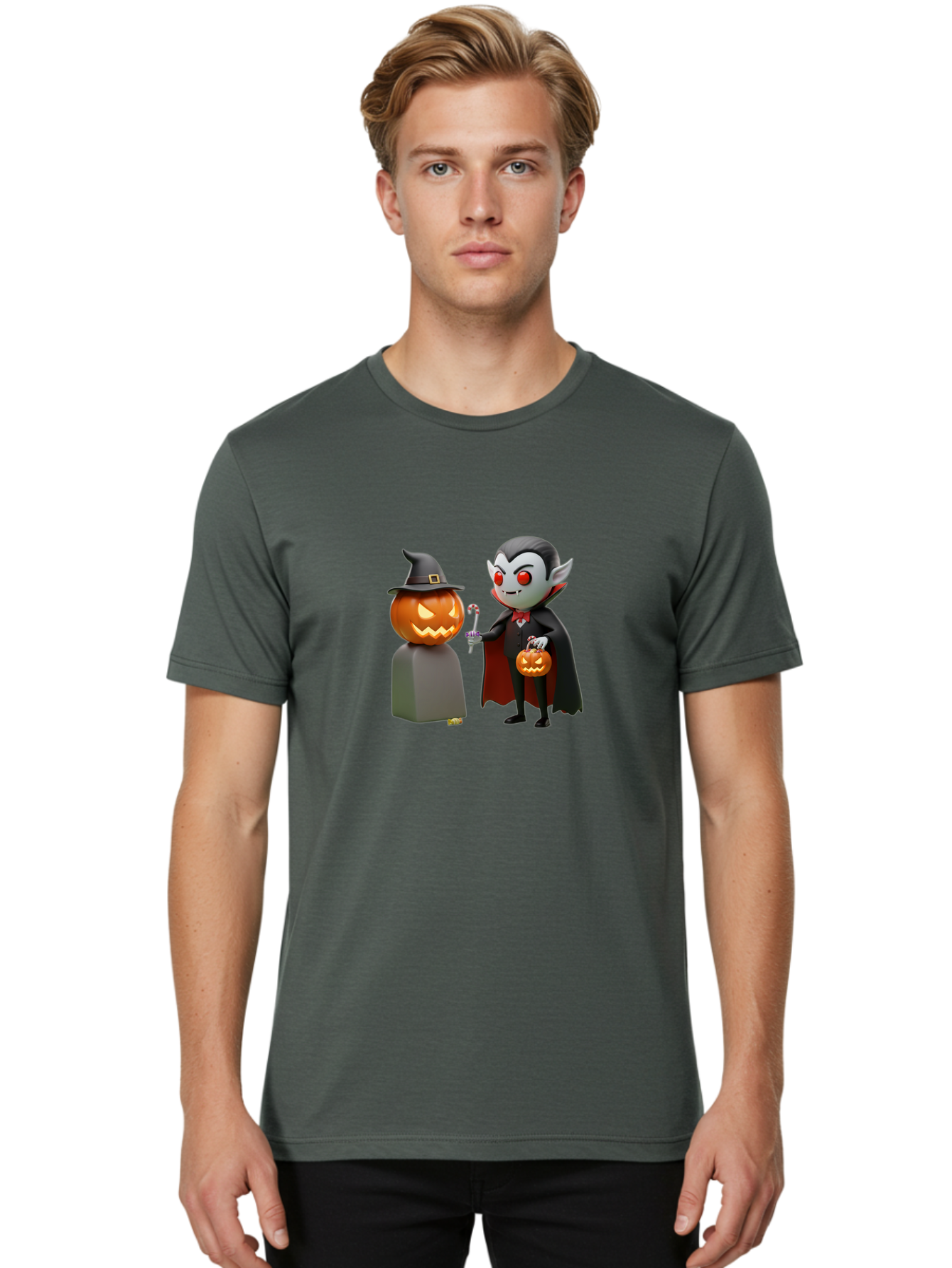 Vampire-And-Jack-O-Lantern Men'S Graphic Tee, 100% Cotton, Comfortable Casual Summer Wear, Machine Washable, Vampire Character, Jack-O-Lantern, Halloween Theme, Cartoon Style, Spooky Atmosphere, 3D Illustration, Trick Or Treat, Gothic, Fantasy Bad879 25