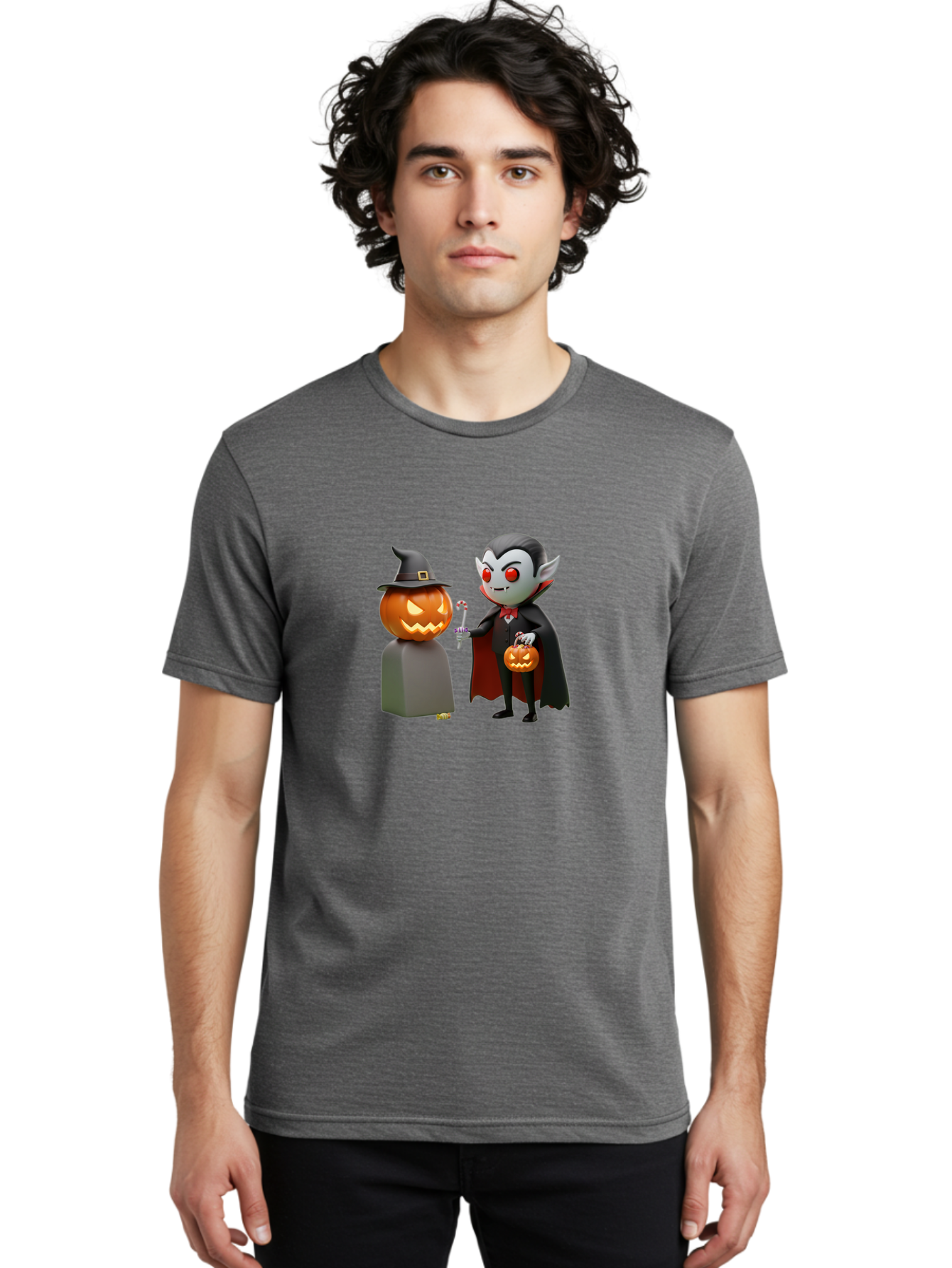 Vampire-And-Jack-O-Lantern Men'S Graphic Tee, 100% Cotton, Comfortable Casual Summer Wear, Machine Washable, Vampire Character, Jack-O-Lantern, Halloween Theme, Cartoon Style, Spooky Atmosphere, 3D Illustration, Trick Or Treat, Gothic, Fantasy Bad879 17