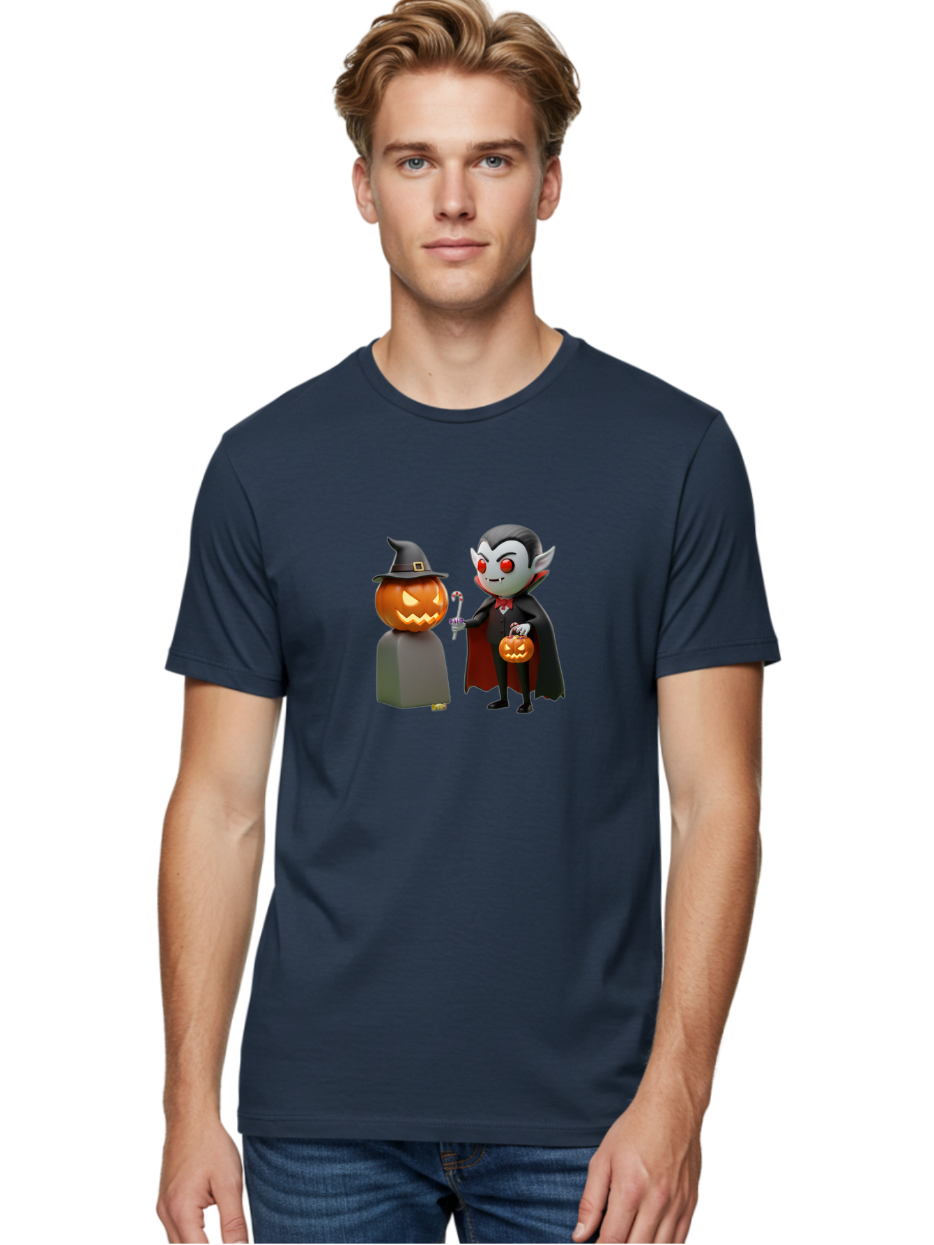 Vampire-And-Jack-O-Lantern Men'S Graphic Tee, 100% Cotton, Comfortable Casual Summer Wear, Machine Washable, Vampire Character, Jack-O-Lantern, Halloween Theme, Cartoon Style, Spooky Atmosphere, 3D Illustration, Trick Or Treat, Gothic, Fantasy Bad879 21
