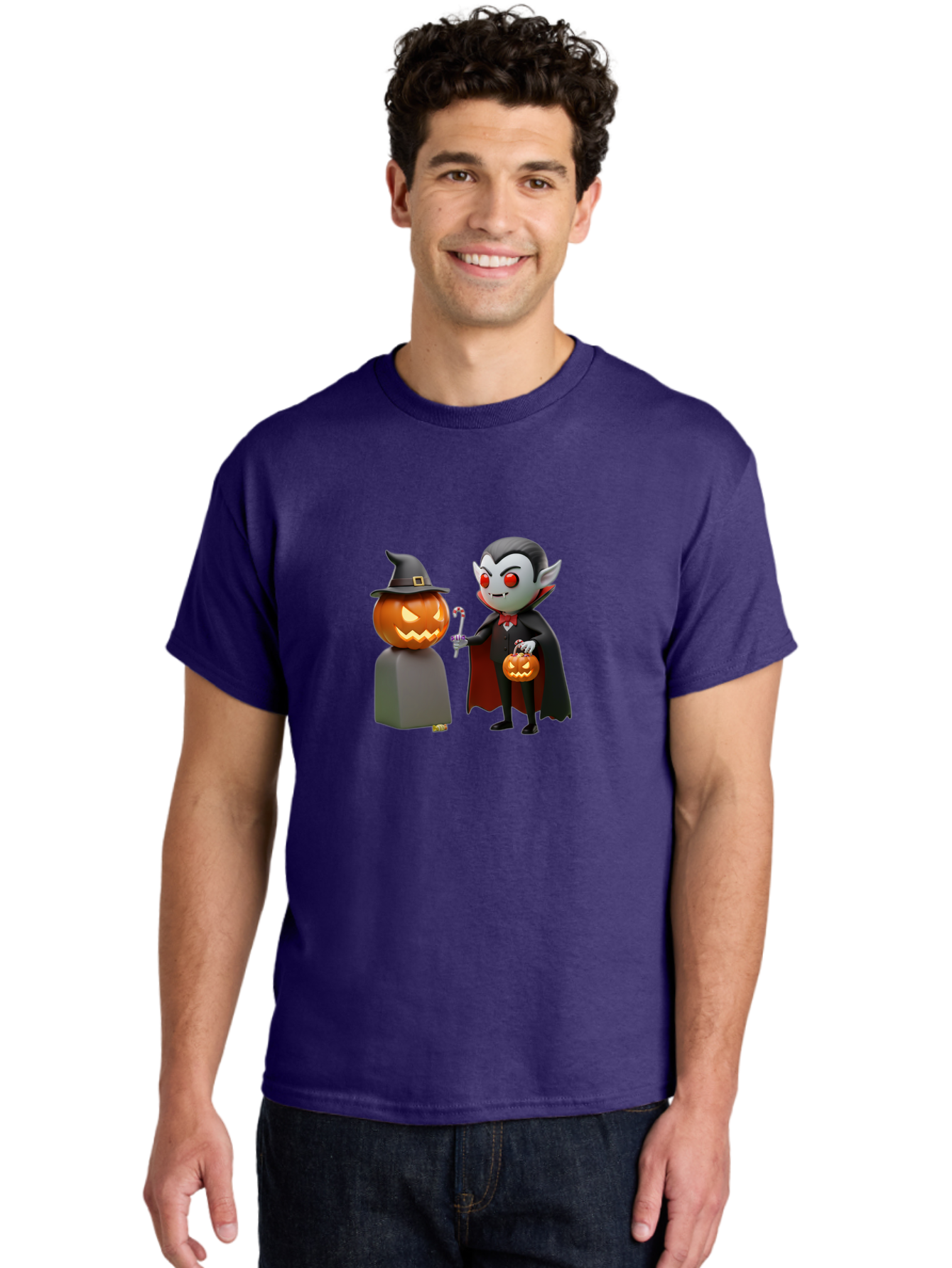Vampire-And-Jack-O-Lantern Men'S Graphic Tee, 100% Cotton, Comfortable Casual Summer Wear, Machine Washable, Vampire Character, Jack-O-Lantern, Halloween Theme, Cartoon Style, Spooky Atmosphere, 3D Illustration, Trick Or Treat, Gothic, Fantasy Bad879 23