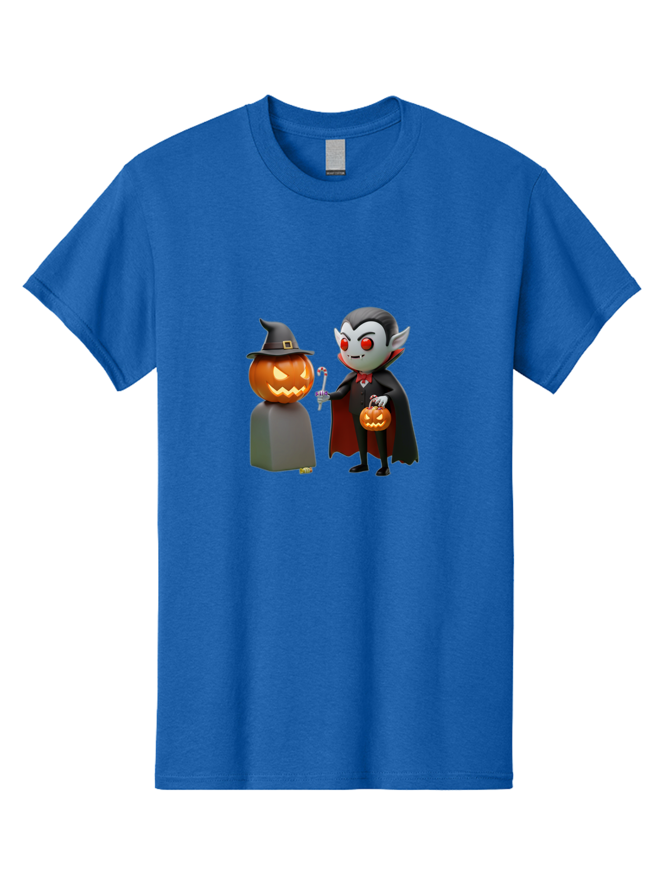 Vampire-And-Jack-O-Lantern Men'S Graphic Tee, 100% Cotton, Comfortable Casual Summer Wear, Machine Washable, Vampire Character, Jack-O-Lantern, Halloween Theme, Cartoon Style, Spooky Atmosphere, 3D Illustration, Trick Or Treat, Gothic, Fantasy Bad879