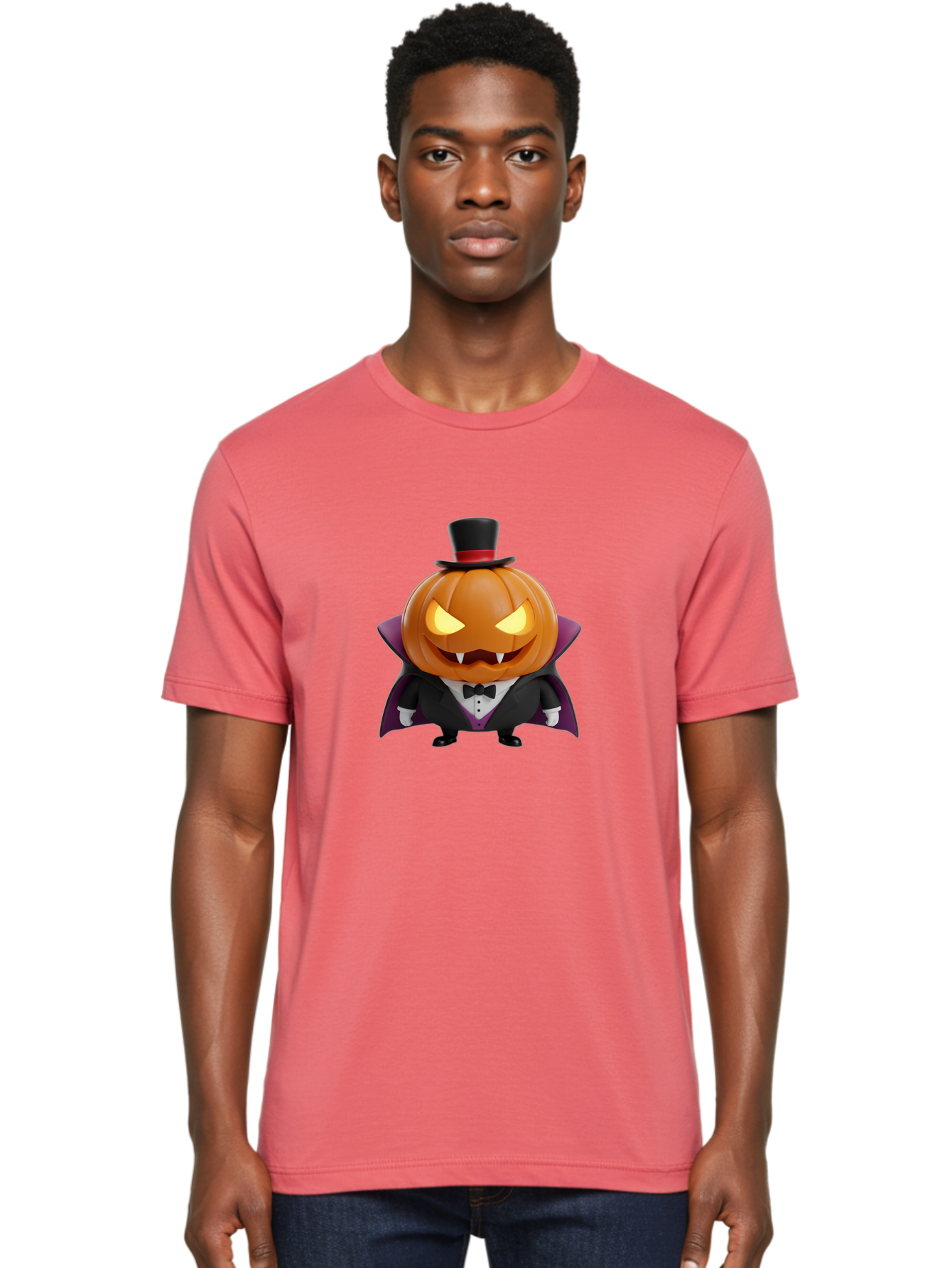 Vampire-Jack-O-Lantern Men'S Graphic Tee, 100% Cotton, Comfortable Casual Summer Wear, Machine Washable, Vampire Jack-O-Lantern, Halloween Character, Cartoon Pumpkin, Fangs, Top Hat, Tuxedo, Cape, Spooky, Halloween Decor, Autumnal Theme, Bad880 17