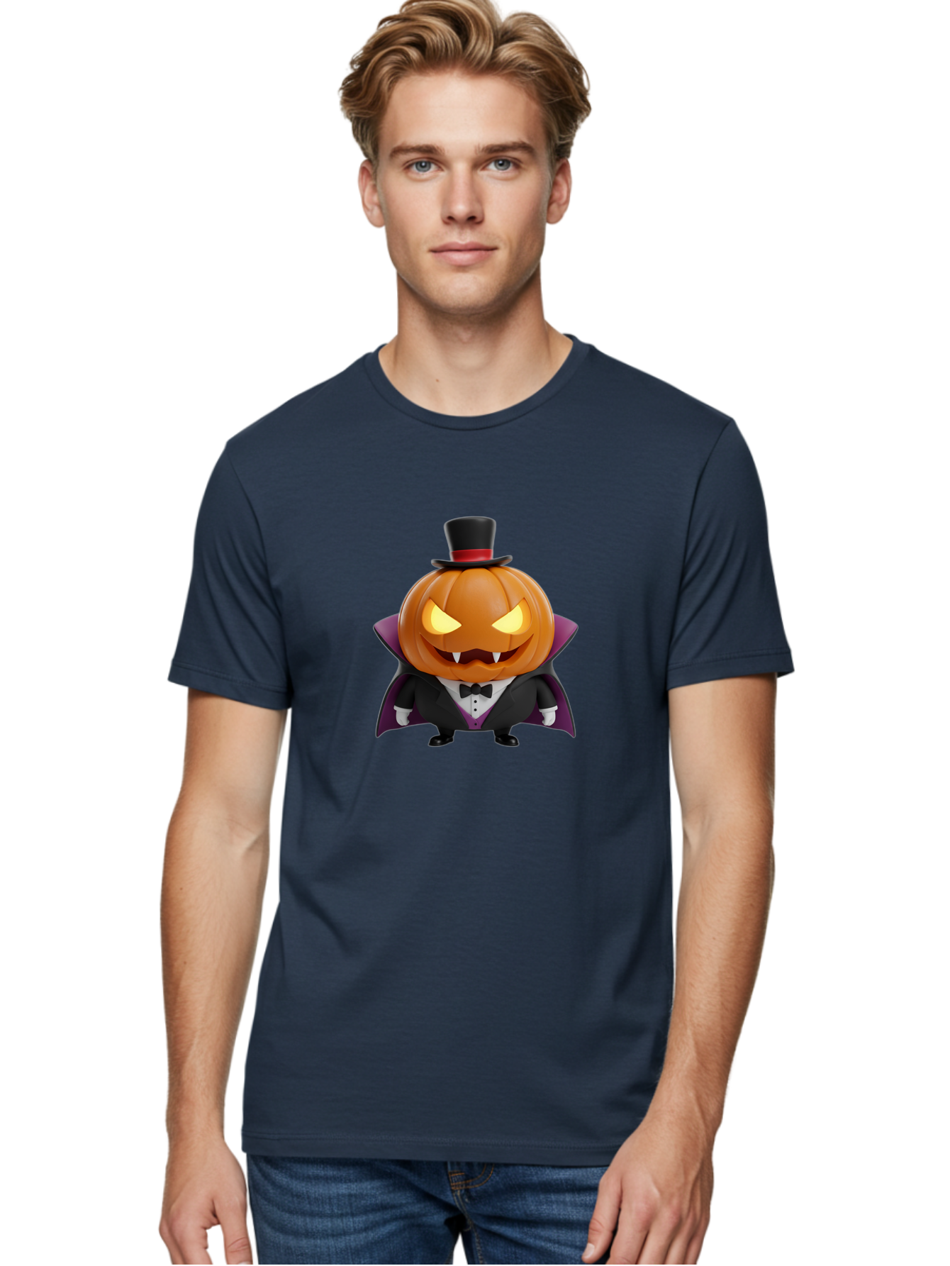 Vampire-Jack-O-Lantern Men'S Graphic Tee, 100% Cotton, Comfortable Casual Summer Wear, Machine Washable, Vampire Jack-O-Lantern, Halloween Character, Cartoon Pumpkin, Fangs, Top Hat, Tuxedo, Cape, Spooky, Halloween Decor, Autumnal Theme, Bad880 29