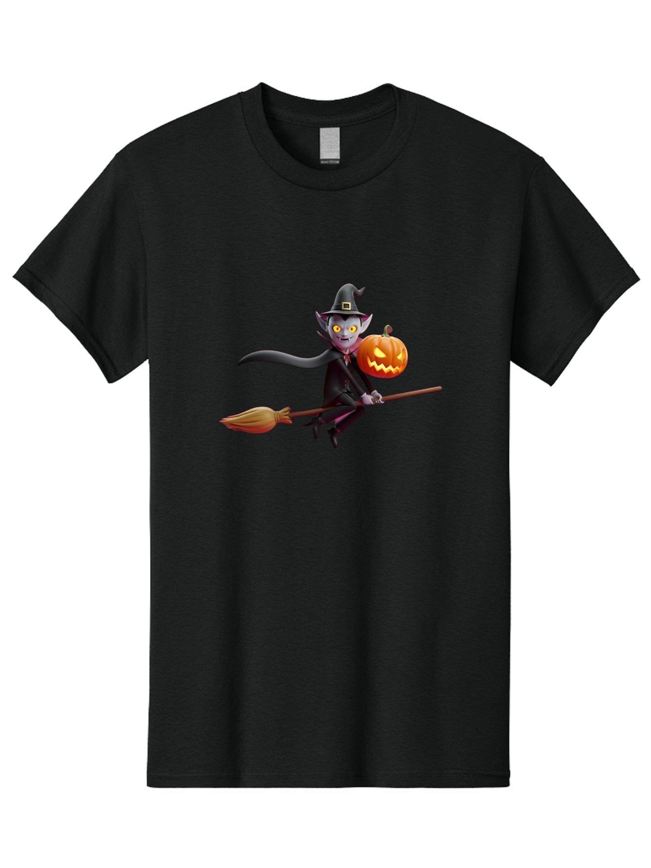 Vampire-Witch Men'S Graphic Tee, 100% Cotton, Comfortable Casual Summer Wear, Machine Washable, Vampire Witch Flying On Broomstick, Holding Jack-O-Lantern, Halloween Character, Spooky Atmosphere, Cartoon-Style Illustration, Bad881