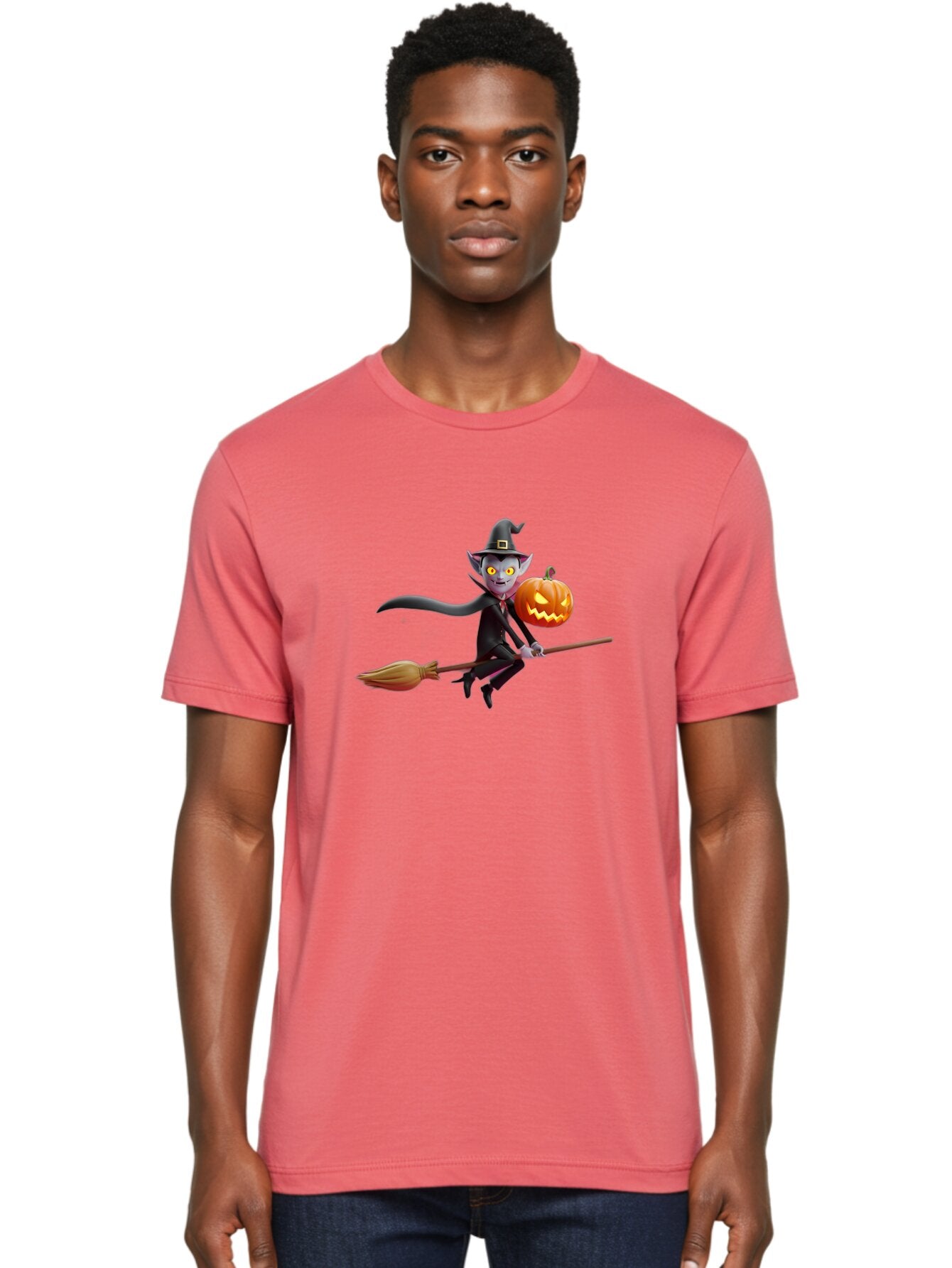 Vampire-Witch Men'S Graphic Tee, 100% Cotton, Comfortable Casual Summer Wear, Machine Washable, Vampire Witch Flying On Broomstick, Holding Jack-O-Lantern, Halloween Character, Spooky Atmosphere, Cartoon-Style Illustration, Bad881 19