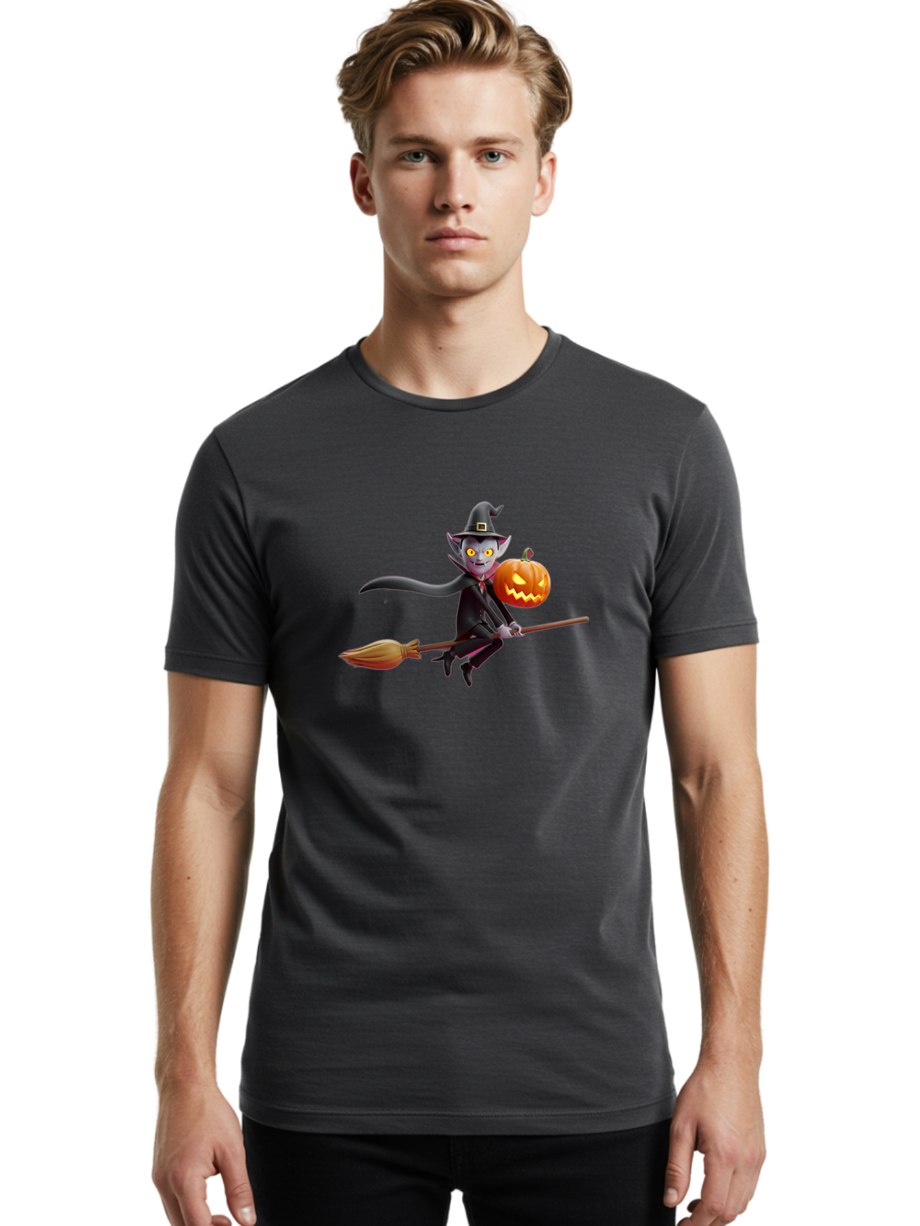 Vampire-Witch Men'S Graphic Tee, 100% Cotton, Comfortable Casual Summer Wear, Machine Washable, Vampire Witch Flying On Broomstick, Holding Jack-O-Lantern, Halloween Character, Spooky Atmosphere, Cartoon-Style Illustration, Bad881 19