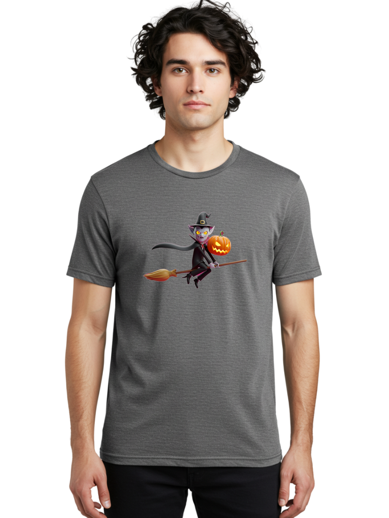 Vampire-Witch Men'S Graphic Tee, 100% Cotton, Comfortable Casual Summer Wear, Machine Washable, Vampire Witch Flying On Broomstick, Holding Jack-O-Lantern, Halloween Character, Spooky Atmosphere, Cartoon-Style Illustration, Bad881 20