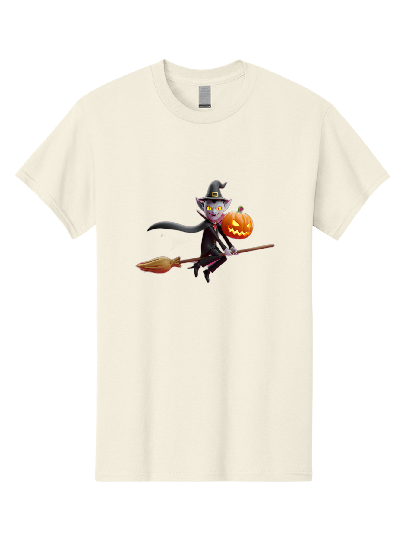 Vampire-Witch Men'S Graphic Tee, 100% Cotton, Comfortable Casual Summer Wear, Machine Washable, Vampire Witch Flying On Broomstick, Holding Jack-O-Lantern, Halloween Character, Spooky Atmosphere, Cartoon-Style Illustration, Bad881