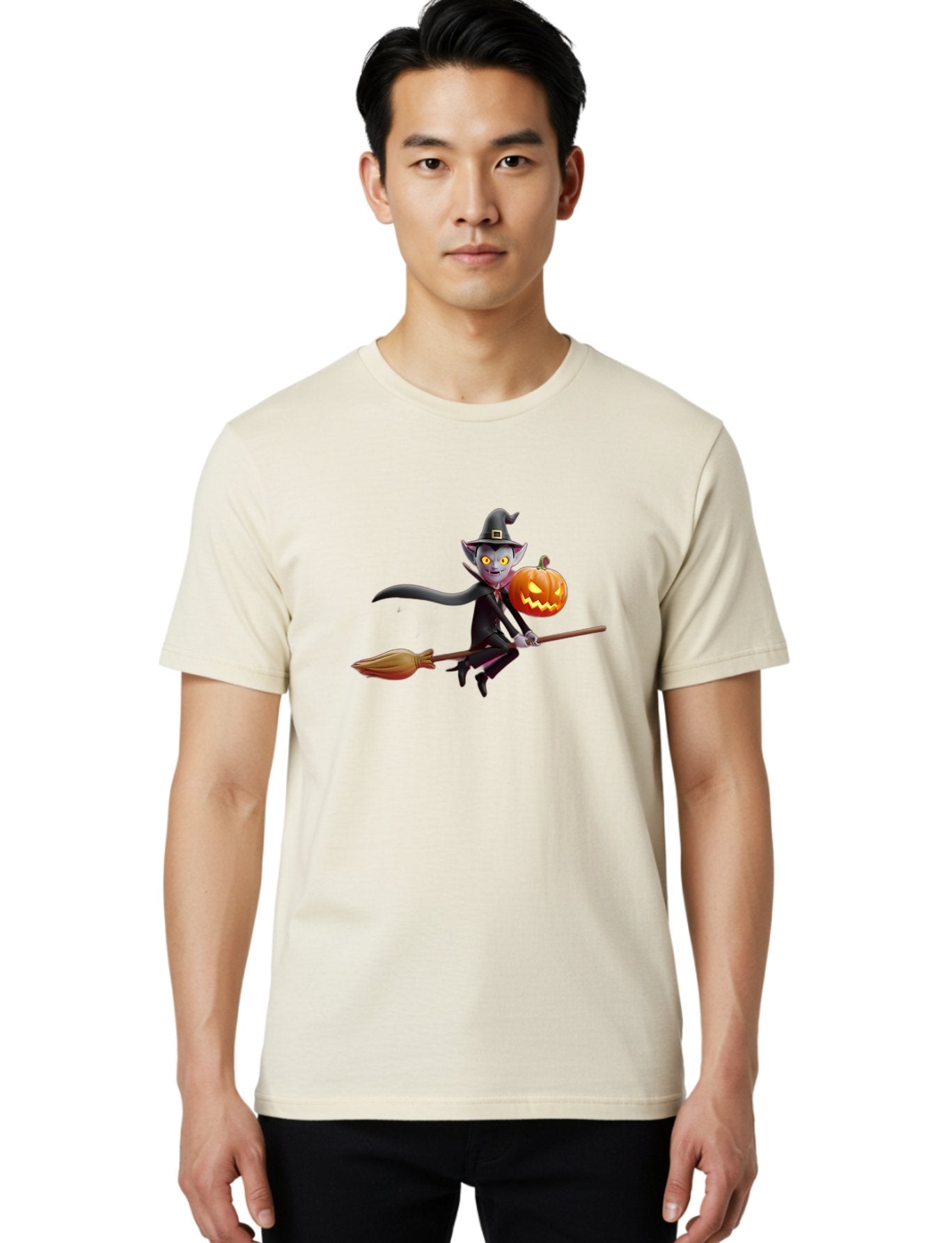 Vampire-Witch Men'S Graphic Tee, 100% Cotton, Comfortable Casual Summer Wear, Machine Washable, Vampire Witch Flying On Broomstick, Holding Jack-O-Lantern, Halloween Character, Spooky Atmosphere, Cartoon-Style Illustration, Bad881 30