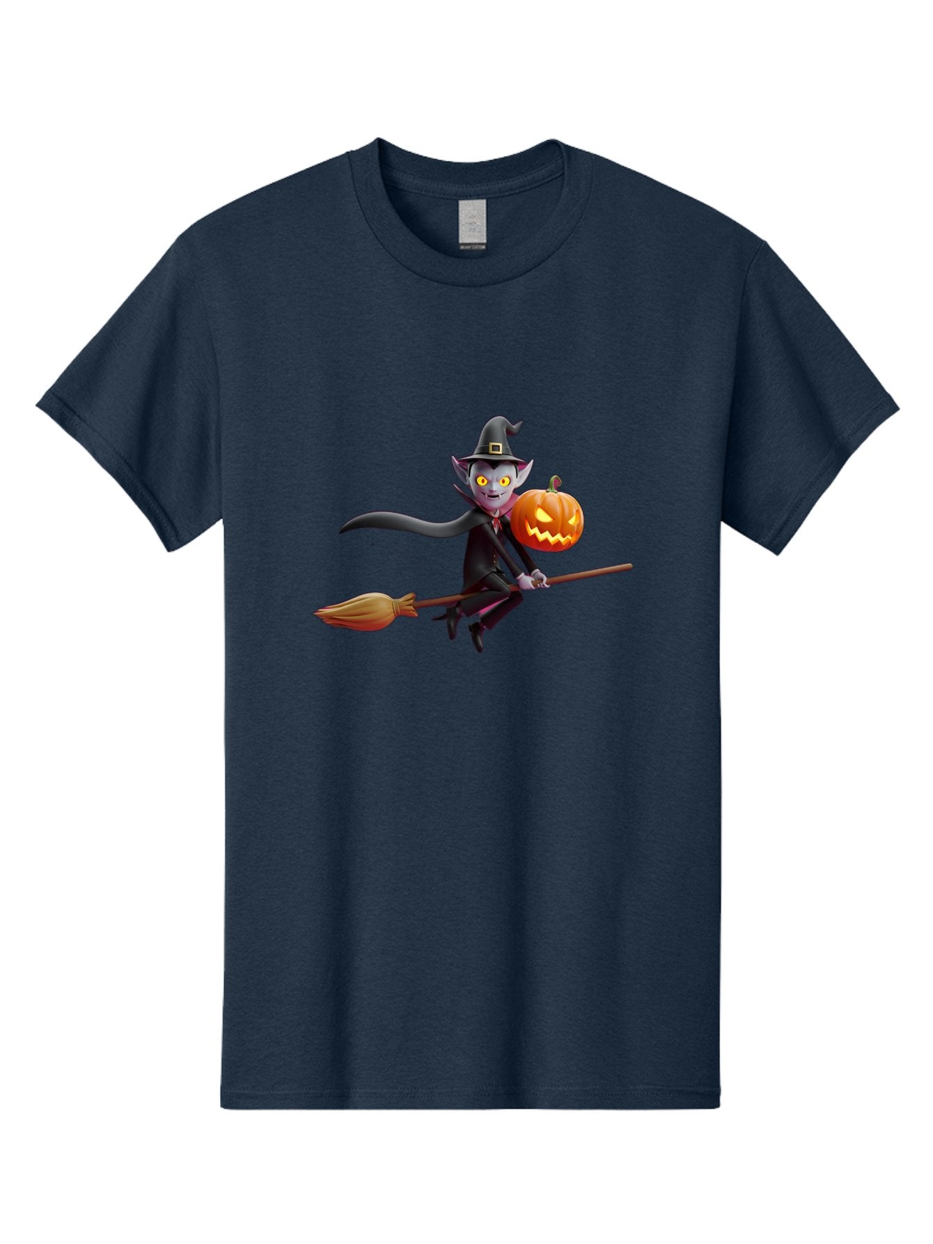 Vampire-Witch Men'S Graphic Tee, 100% Cotton, Comfortable Casual Summer Wear, Machine Washable, Vampire Witch Flying On Broomstick, Holding Jack-O-Lantern, Halloween Character, Spooky Atmosphere, Cartoon-Style Illustration, Bad881 5