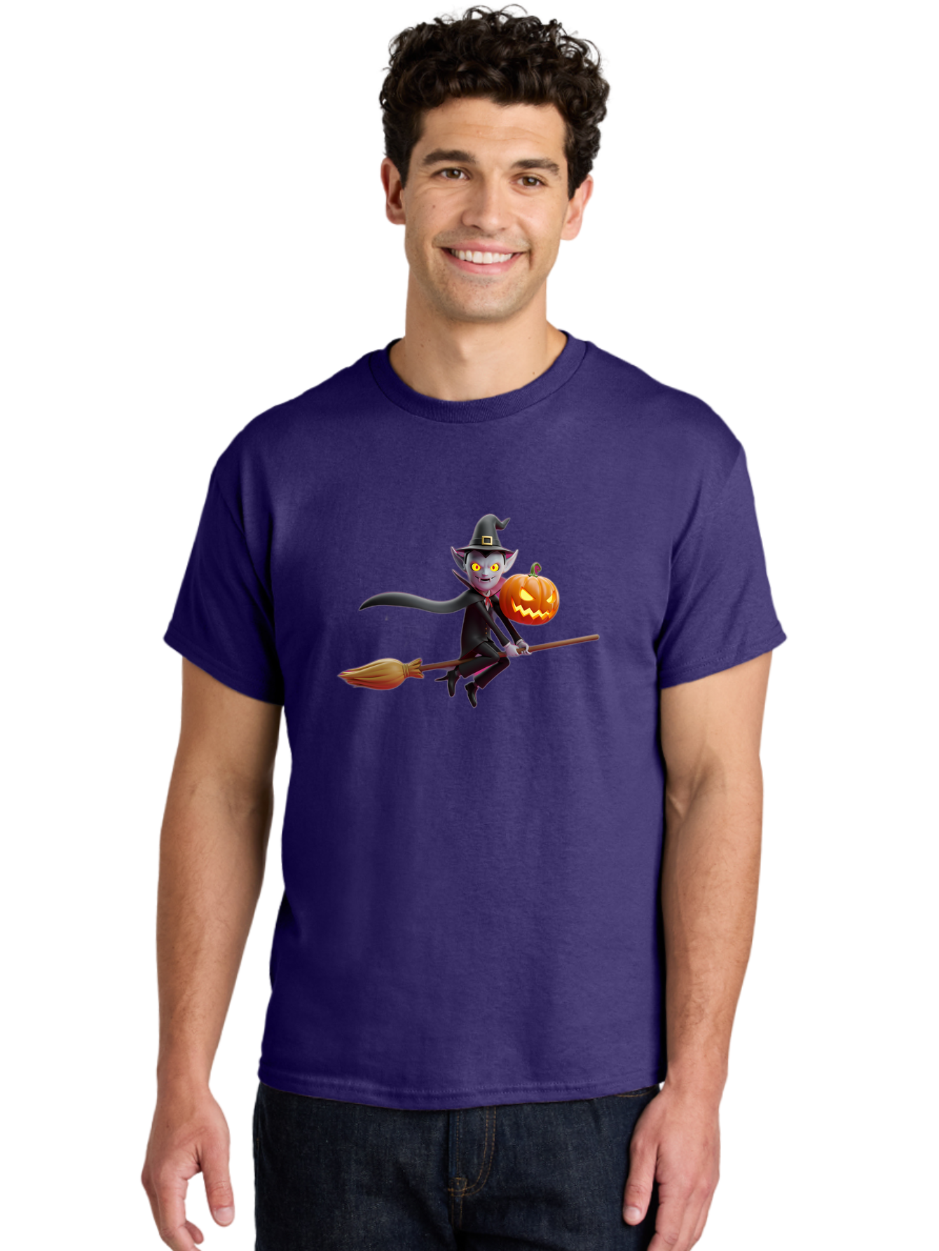 Vampire-Witch Men'S Graphic Tee, 100% Cotton, Comfortable Casual Summer Wear, Machine Washable, Vampire Witch Flying On Broomstick, Holding Jack-O-Lantern, Halloween Character, Spooky Atmosphere, Cartoon-Style Illustration, Bad881 27