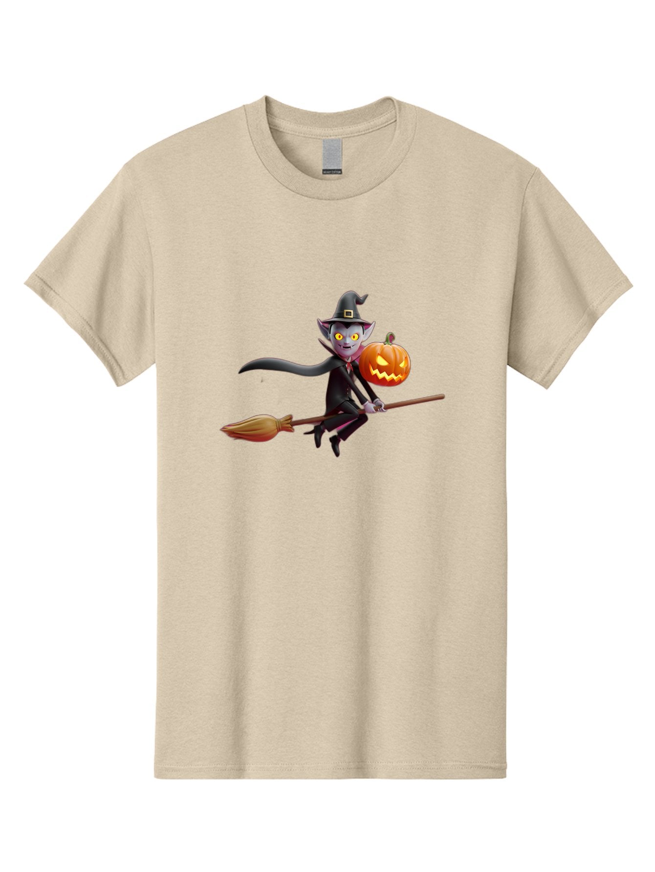 Vampire-Witch Men'S Graphic Tee, 100% Cotton, Comfortable Casual Summer Wear, Machine Washable, Vampire Witch Flying On Broomstick, Holding Jack-O-Lantern, Halloween Character, Spooky Atmosphere, Cartoon-Style Illustration, Bad881 8