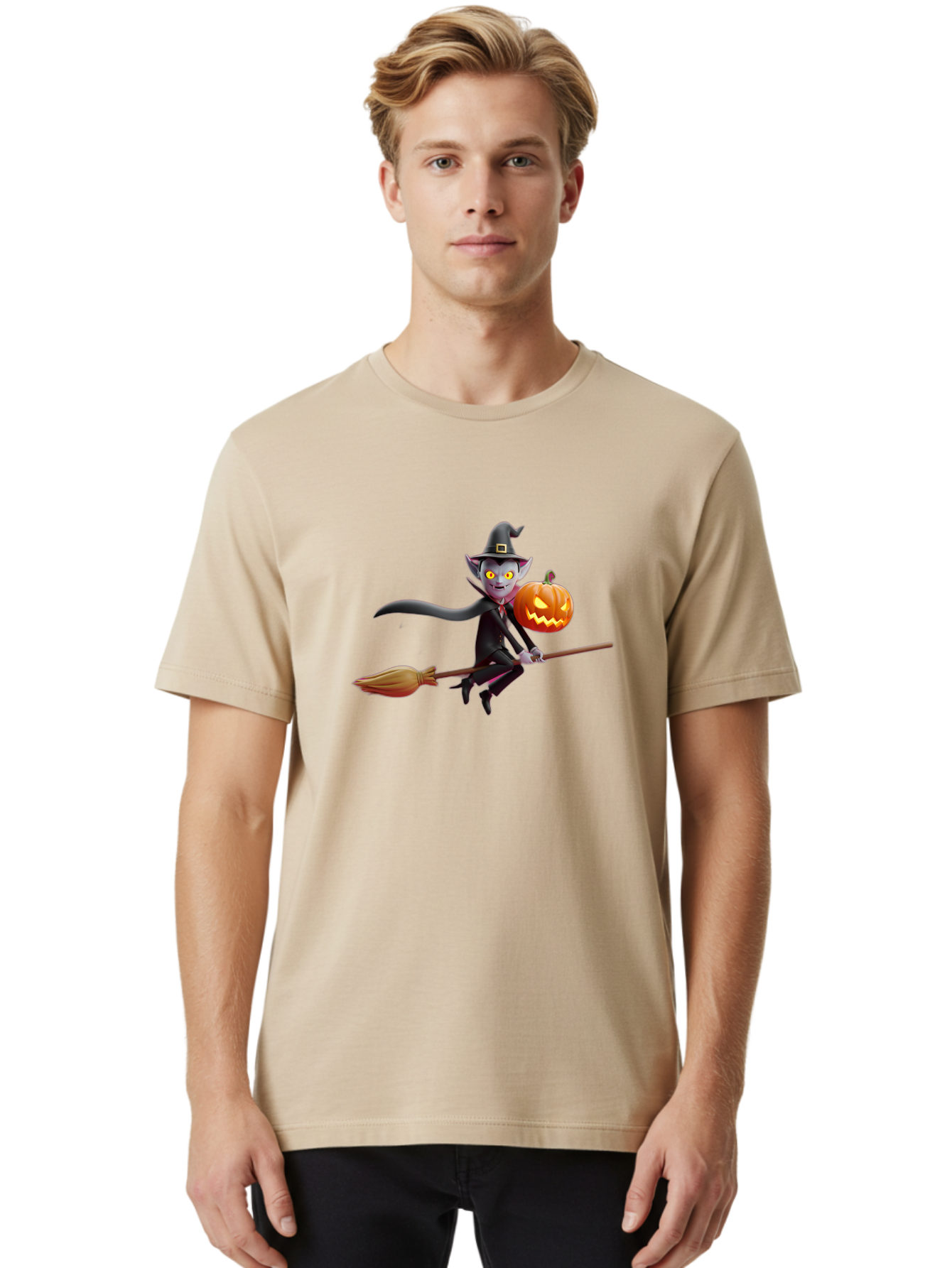 Vampire-Witch Men'S Graphic Tee, 100% Cotton, Comfortable Casual Summer Wear, Machine Washable, Vampire Witch Flying On Broomstick, Holding Jack-O-Lantern, Halloween Character, Spooky Atmosphere, Cartoon-Style Illustration, Bad881 21