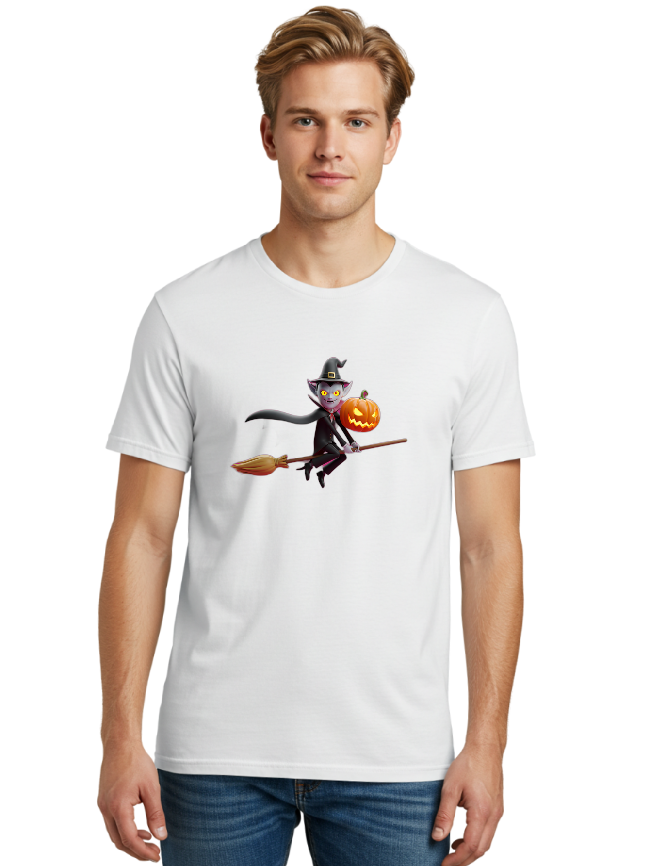 Vampire-Witch Men'S Graphic Tee, 100% Cotton, Comfortable Casual Summer Wear, Machine Washable, Vampire Witch Flying On Broomstick, Holding Jack-O-Lantern, Halloween Character, Spooky Atmosphere, Cartoon-Style Illustration, Bad881 18