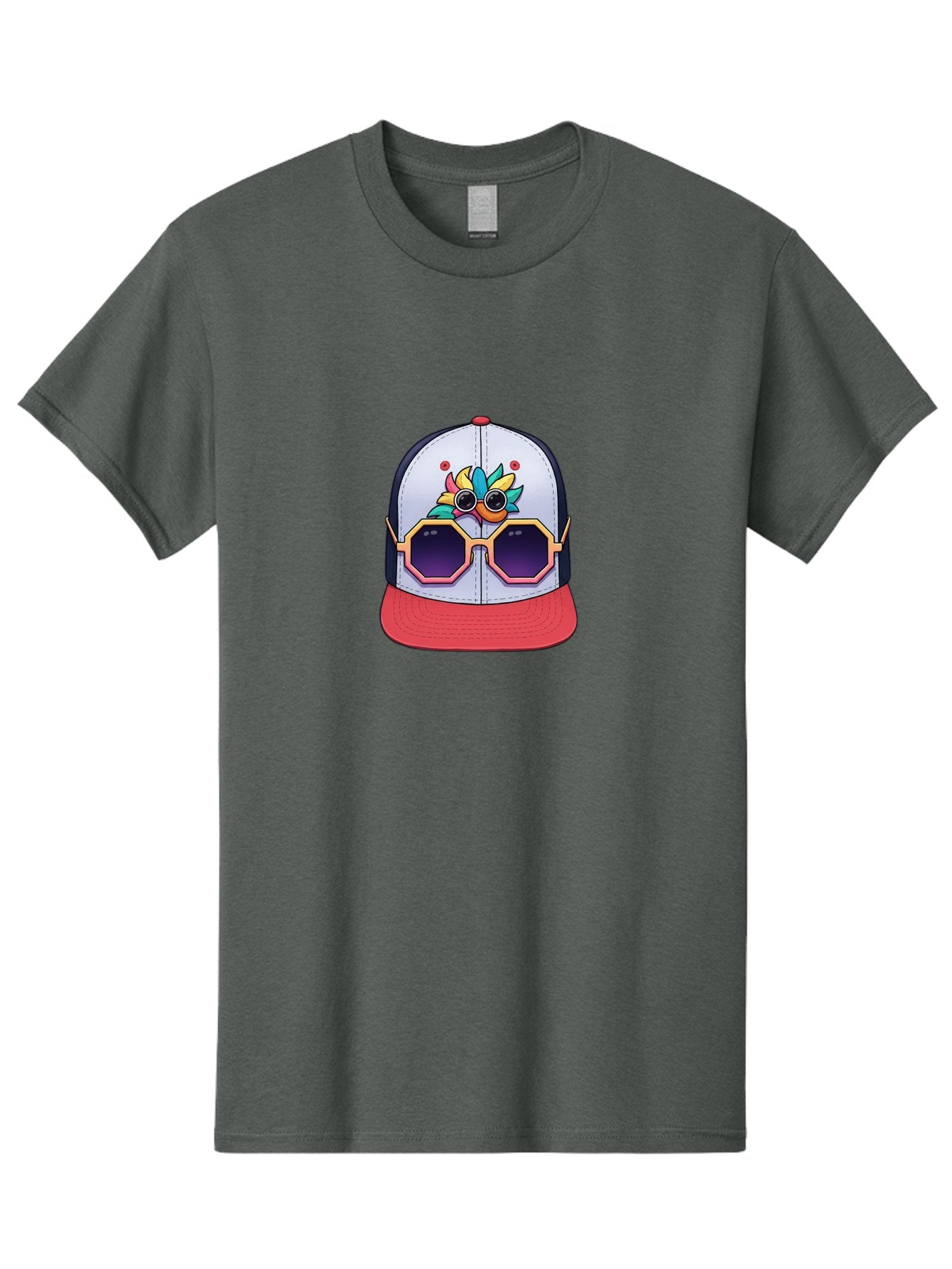 Vaporwave-Baseball-Cap Men'S Graphic Tee, 100% Cotton, Comfortable Casual Summer Wear, Machine Washable, Futuristic Baseball Cap, Colorful Design, Sunglasses On Hat, Neon Lights, Cyberpunk Style, Futuristic Fashion, Streetwear, Bad883 13