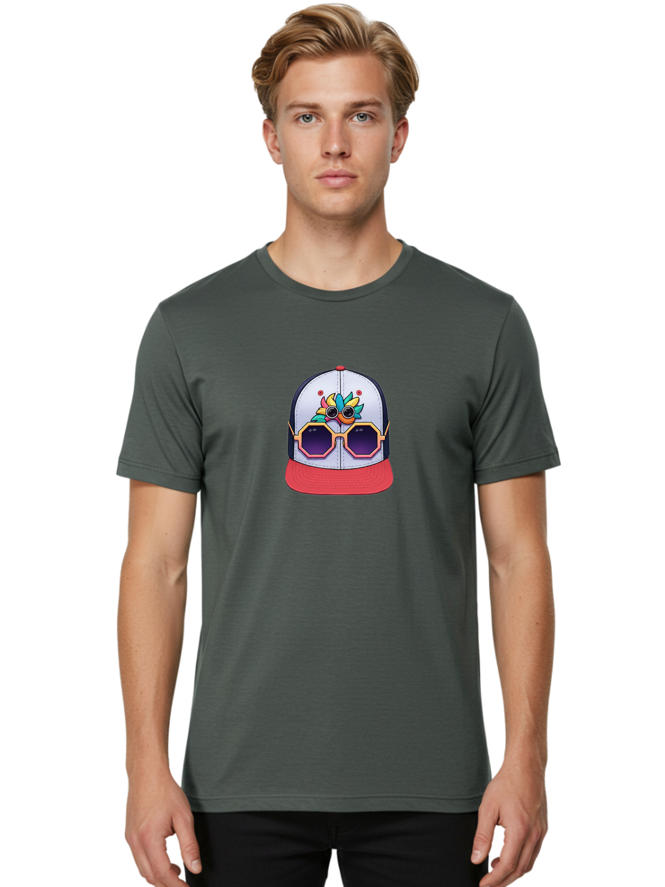 Vaporwave-Baseball-Cap Men'S Graphic Tee, 100% Cotton, Comfortable Casual Summer Wear, Machine Washable, Futuristic Baseball Cap, Colorful Design, Sunglasses On Hat, Neon Lights, Cyberpunk Style, Futuristic Fashion, Streetwear, Bad883 30