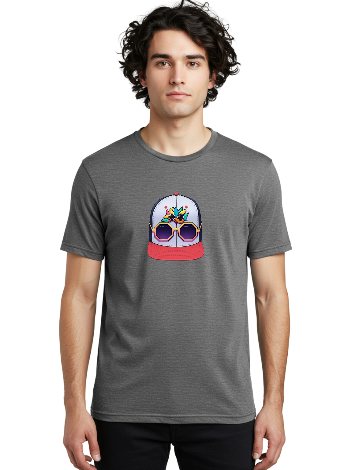 Vaporwave-Baseball-Cap Men'S Graphic Tee, 100% Cotton, Comfortable Casual Summer Wear, Machine Washable, Futuristic Baseball Cap, Colorful Design, Sunglasses On Hat, Neon Lights, Cyberpunk Style, Futuristic Fashion, Streetwear, Bad883 17