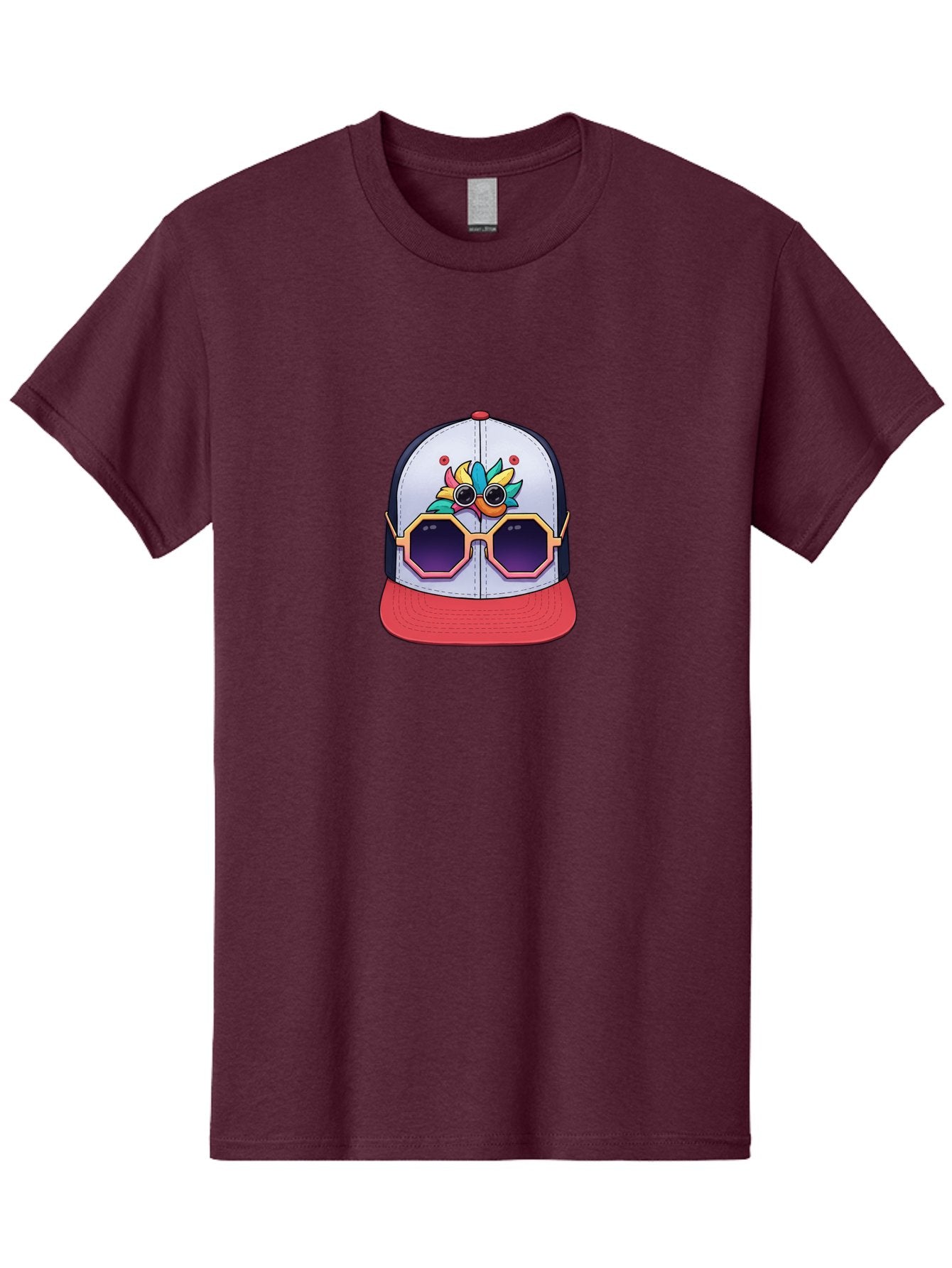 Vaporwave-Baseball-Cap Men'S Graphic Tee, 100% Cotton, Comfortable Casual Summer Wear, Machine Washable, Futuristic Baseball Cap, Colorful Design, Sunglasses On Hat, Neon Lights, Cyberpunk Style, Futuristic Fashion, Streetwear, Bad883