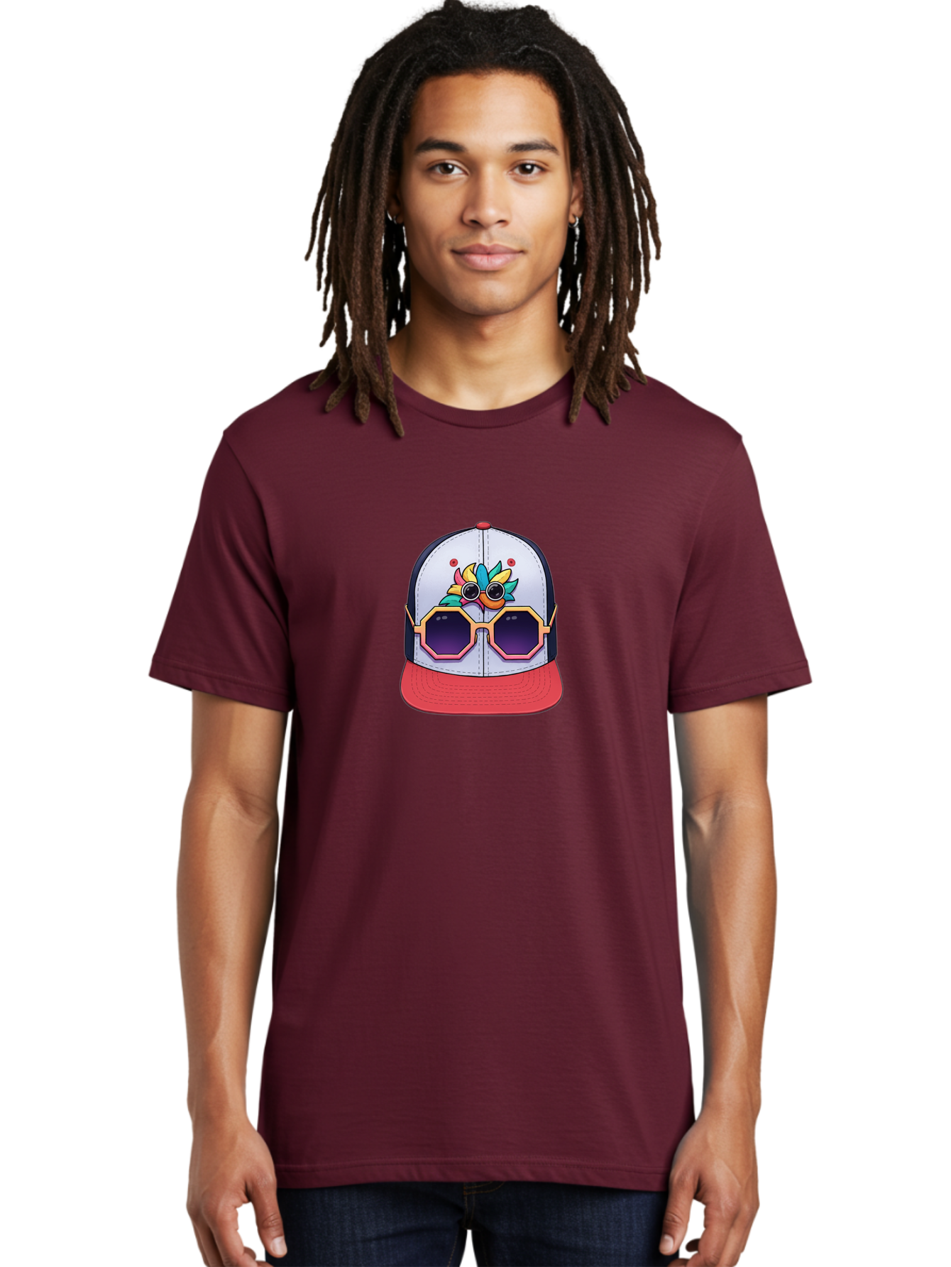 Vaporwave-Baseball-Cap Men'S Graphic Tee, 100% Cotton, Comfortable Casual Summer Wear, Machine Washable, Futuristic Baseball Cap, Colorful Design, Sunglasses On Hat, Neon Lights, Cyberpunk Style, Futuristic Fashion, Streetwear, Bad883 25
