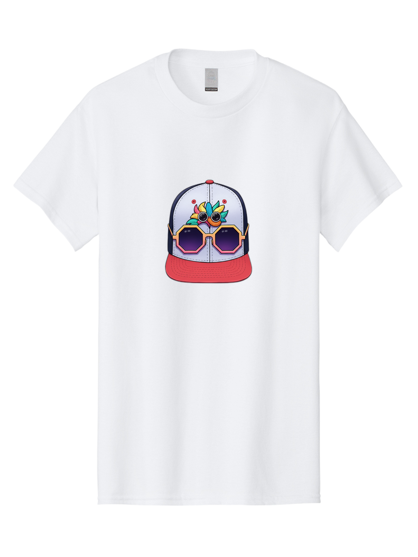 Vaporwave-Baseball-Cap Men'S Graphic Tee, 100% Cotton, Comfortable Casual Summer Wear, Machine Washable, Futuristic Baseball Cap, Colorful Design, Sunglasses On Hat, Neon Lights, Cyberpunk Style, Futuristic Fashion, Streetwear, Bad883 13