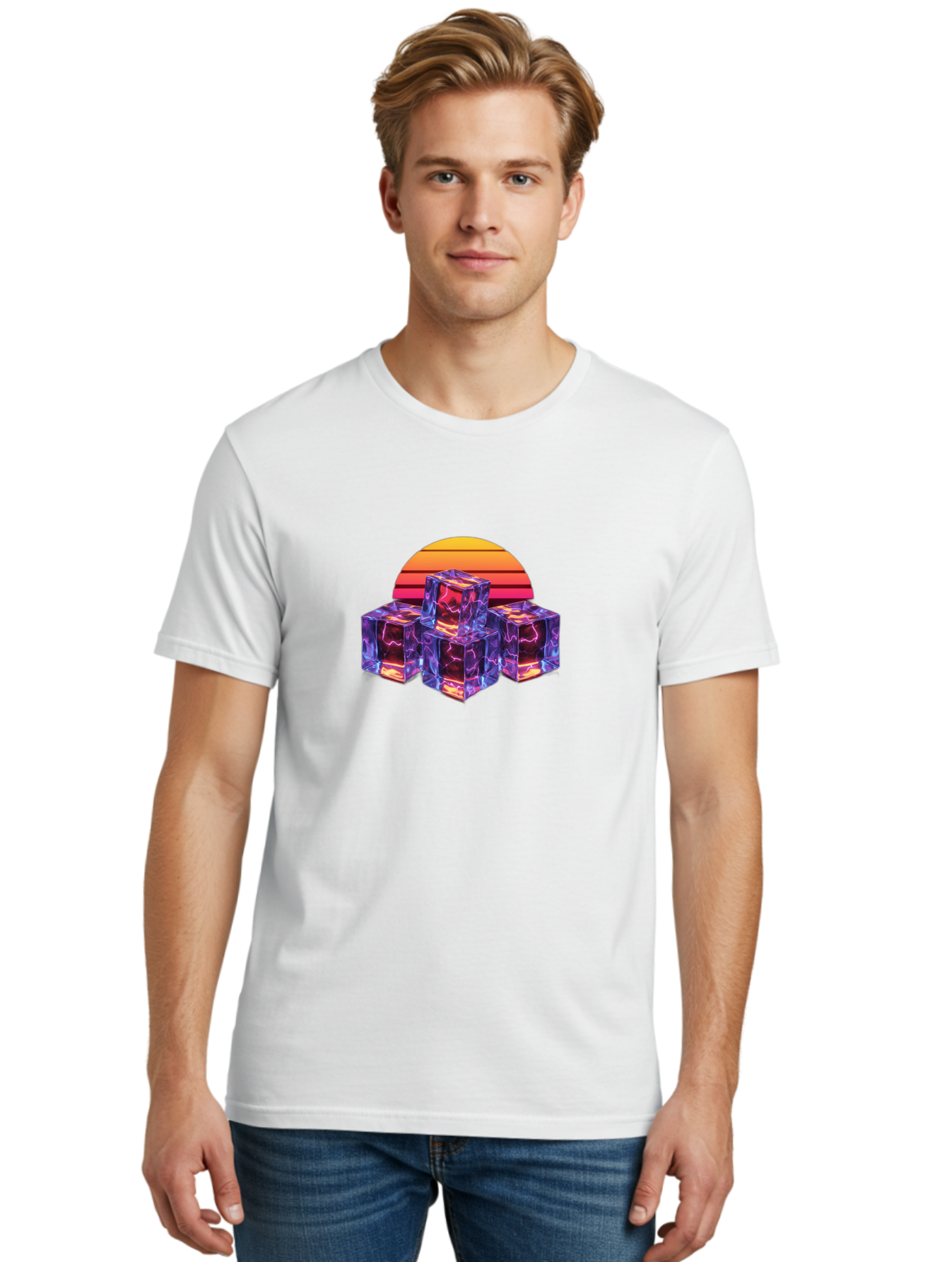 Vaporwave-Cubes Men'S Graphic Tee, 100% Cotton, Comfortable Casual Summer Wear, Machine Washable, Vaporwave Art, Retro Futuristic Style, Neon Lights, Glowing Cubes, 80S Aesthetic, Synthwave, Futuristic Landscape, Retro Colors, Bad884 29