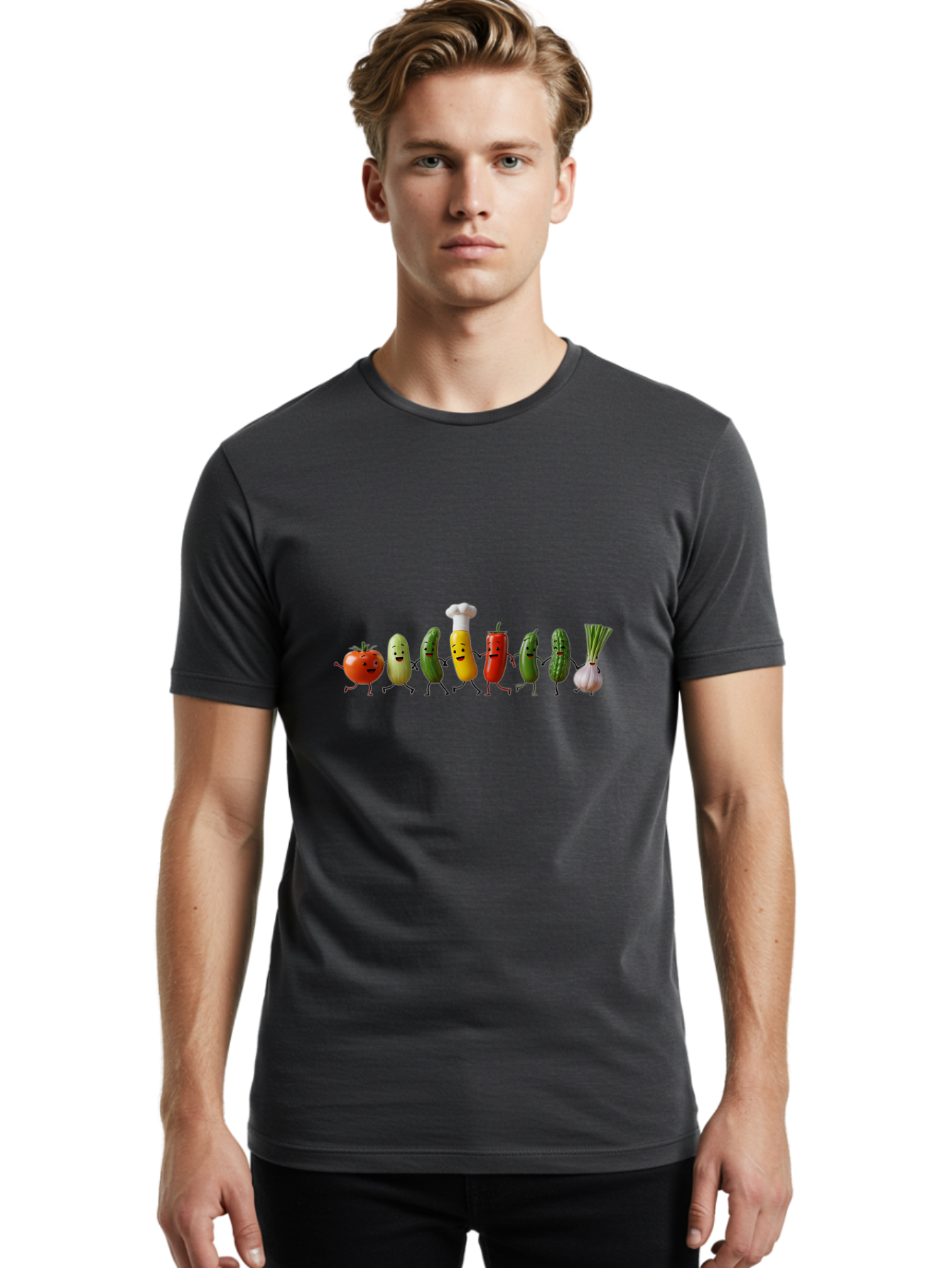 Vegetable-Crew Men'S Graphic Tee, 100% Cotton, Comfortable Casual Summer Wear, Machine Washable, Cartoon Vegetables, Funny Characters, Chef Hat, Tomato, Pickle, Pepper, Onion, Smiling Faces, Dancing Vegetables, Playful Illustration Bad887 22