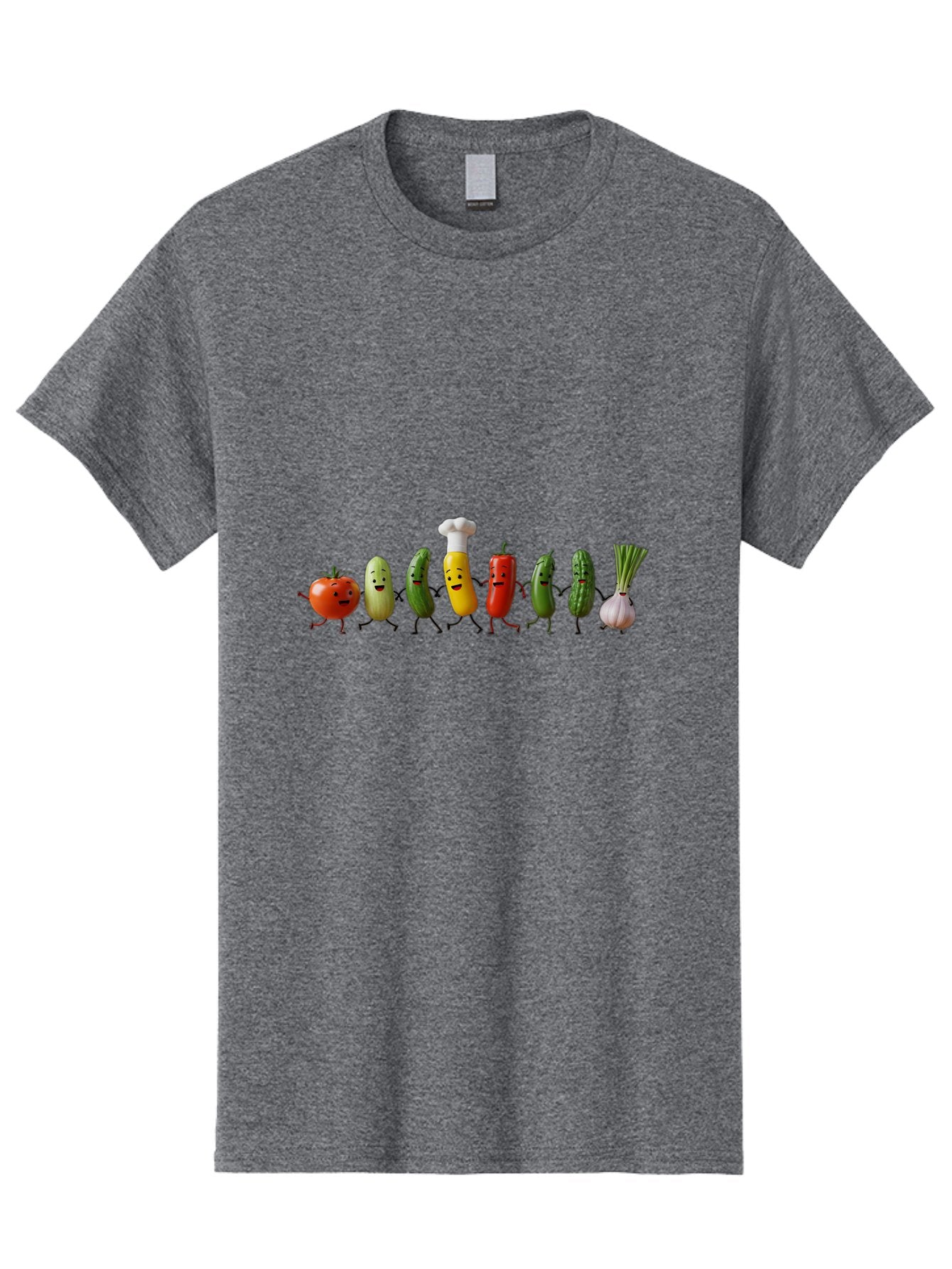 Vegetable-Crew Men'S Graphic Tee, 100% Cotton, Comfortable Casual Summer Wear, Machine Washable, Cartoon Vegetables, Funny Characters, Chef Hat, Tomato, Pickle, Pepper, Onion, Smiling Faces, Dancing Vegetables, Playful Illustration Bad887