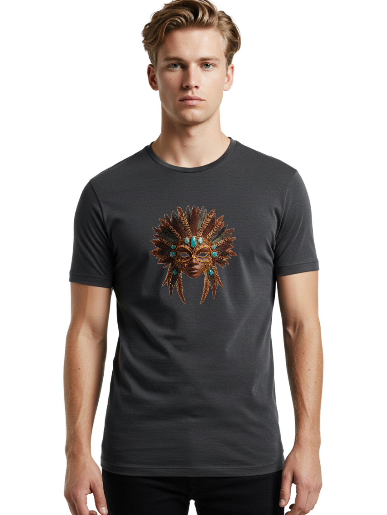 Venetian-Mask-1 Men'S Graphic Tee, 100% Cotton, Comfortable Casual Summer Wear, Machine Washable, Golden Mask, Feathered Headdress, Blue Jewels, Mysterious, Elegant, Luxury, Masquerade, Decorative, Ornate, Intricate Bad888 19