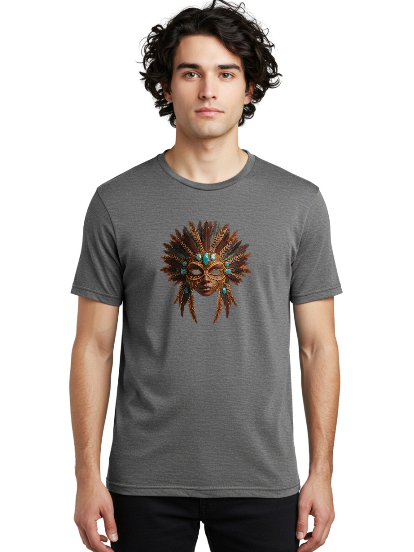 Venetian-Mask-1 Men'S Graphic Tee, 100% Cotton, Comfortable Casual Summer Wear, Machine Washable, Golden Mask, Feathered Headdress, Blue Jewels, Mysterious, Elegant, Luxury, Masquerade, Decorative, Ornate, Intricate Bad888 25