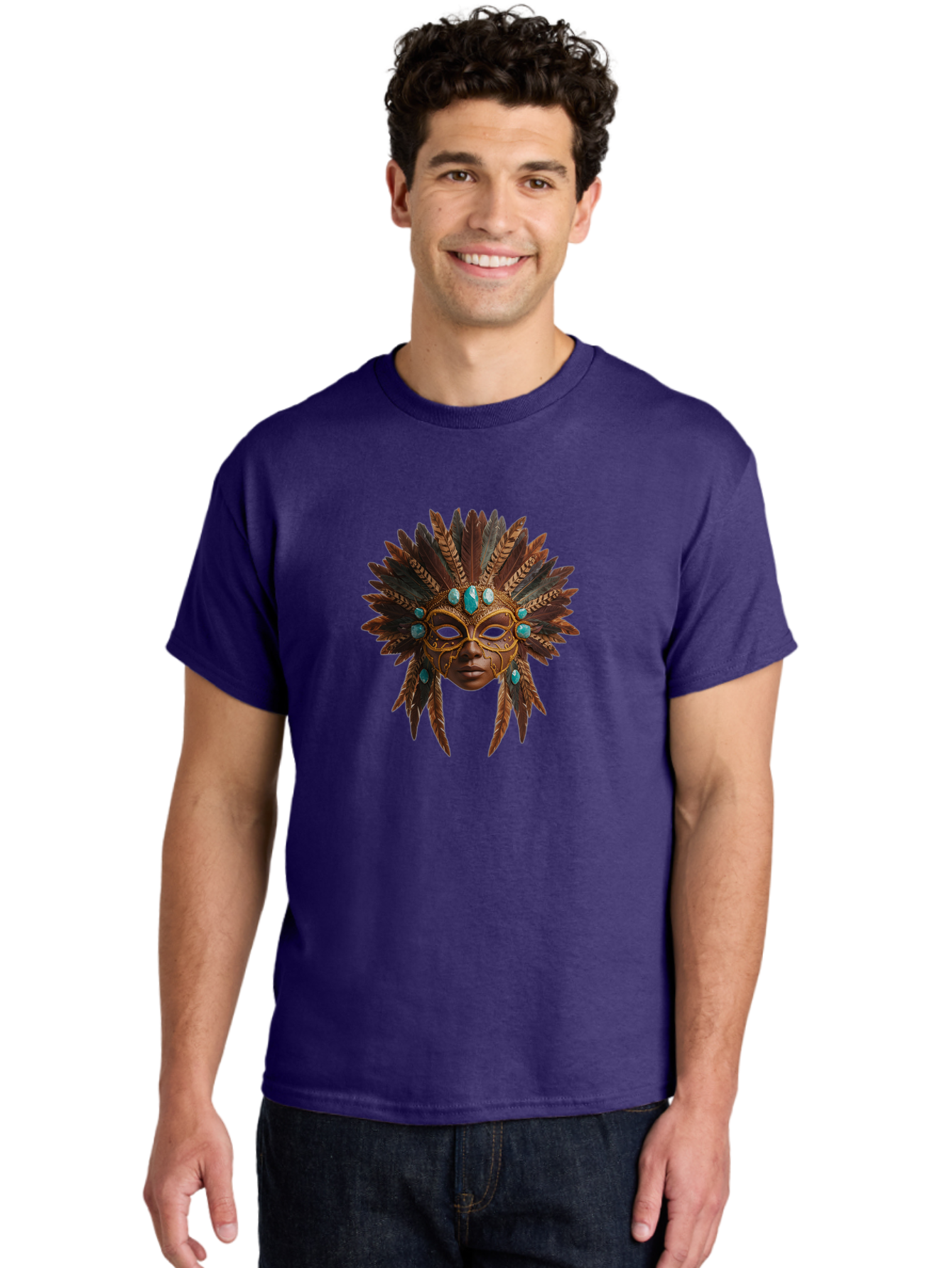 Venetian-Mask-1 Men'S Graphic Tee, 100% Cotton, Comfortable Casual Summer Wear, Machine Washable, Golden Mask, Feathered Headdress, Blue Jewels, Mysterious, Elegant, Luxury, Masquerade, Decorative, Ornate, Intricate Bad888 16