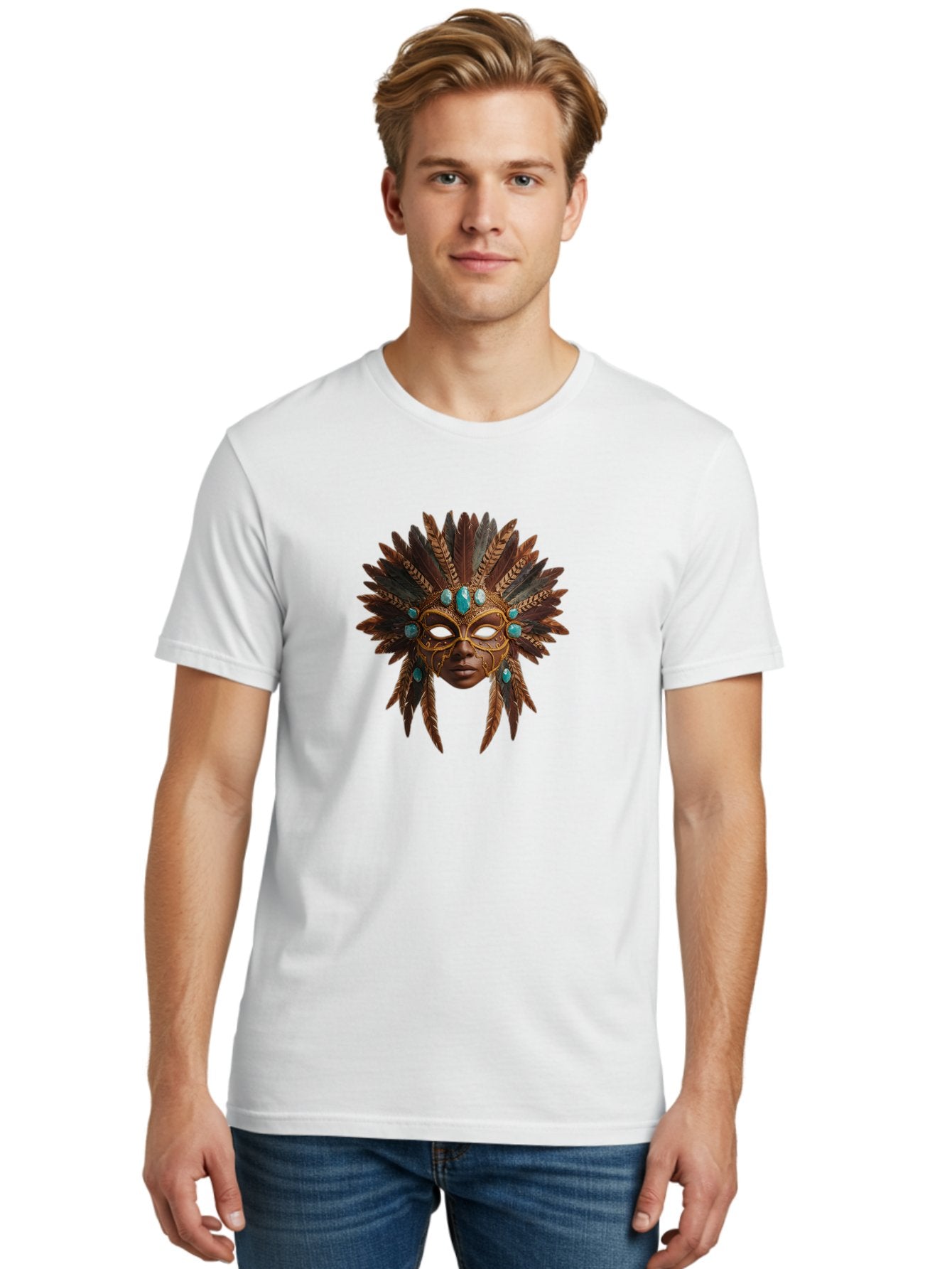 Venetian-Mask-1 Men'S Graphic Tee, 100% Cotton, Comfortable Casual Summer Wear, Machine Washable, Golden Mask, Feathered Headdress, Blue Jewels, Mysterious, Elegant, Luxury, Masquerade, Decorative, Ornate, Intricate Bad888 26
