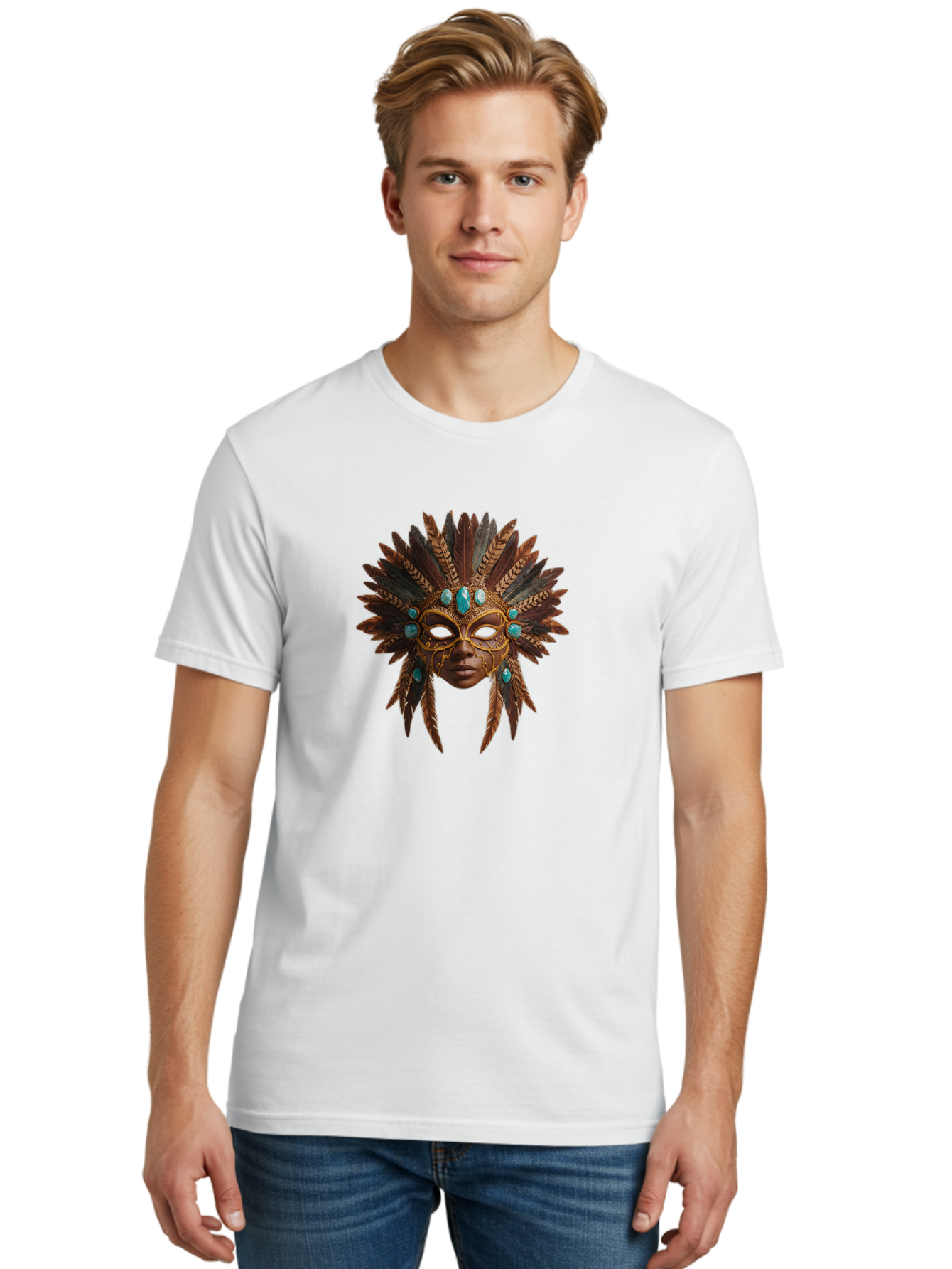 Venetian-Mask-1 Men'S Graphic Tee, 100% Cotton, Comfortable Casual Summer Wear, Machine Washable, Golden Mask, Feathered Headdress, Blue Jewels, Mysterious, Elegant, Luxury, Masquerade, Decorative, Ornate, Intricate Bad888 20