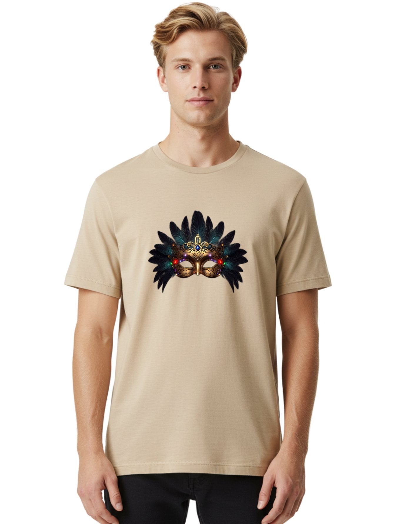 Venetian-Mask-2 Men'S Graphic Tee, 100% Cotton, Comfortable Casual Summer Wear, Machine Washable, Golden Mask, Venetian Mask, Carnival Attire, Masquerade Ball, Decorative Feathers, Gemstone Embellishments, Festive Accessories, Bad889 29