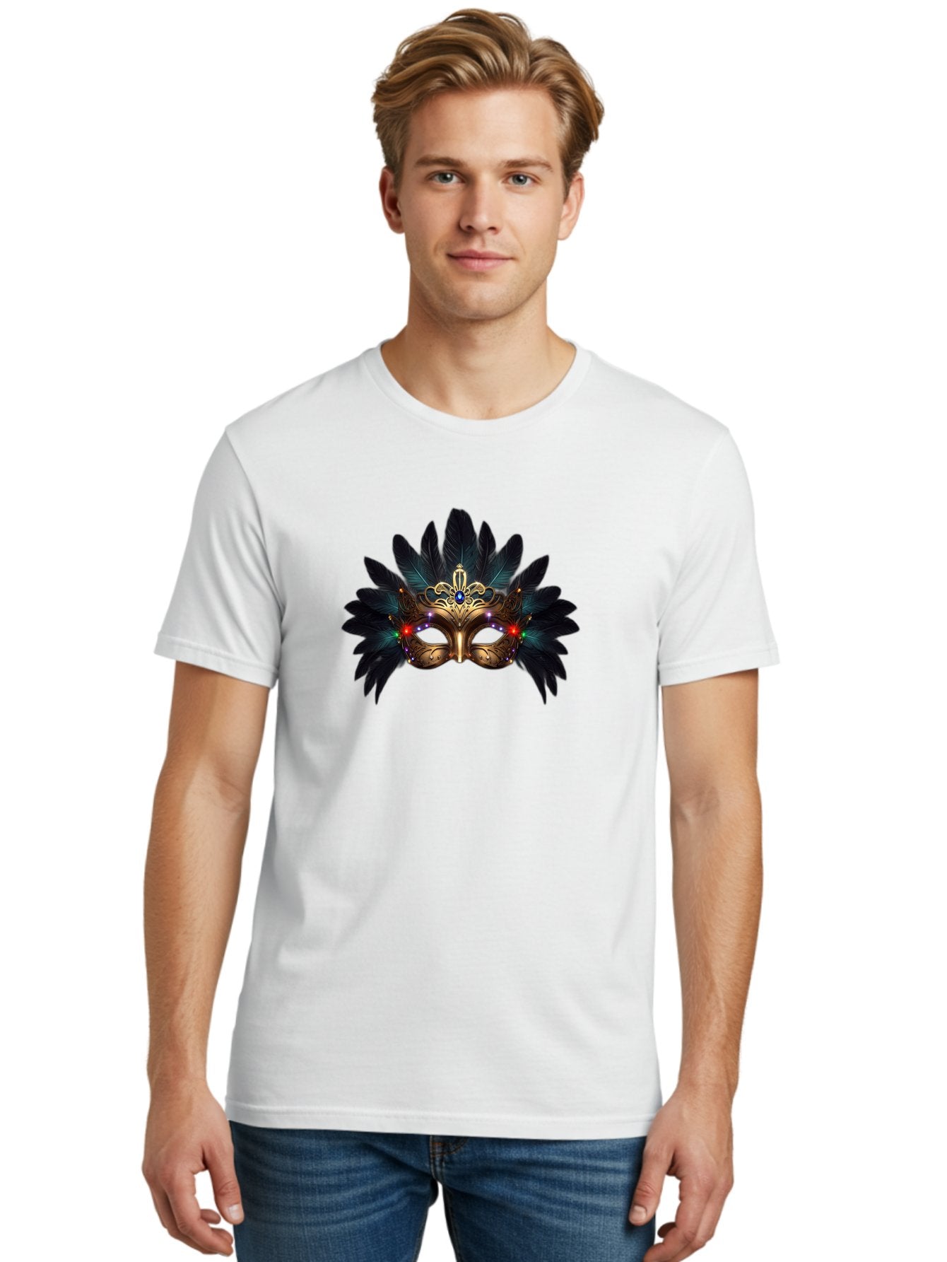 Venetian-Mask-2 Men'S Graphic Tee, 100% Cotton, Comfortable Casual Summer Wear, Machine Washable, Golden Mask, Venetian Mask, Carnival Attire, Masquerade Ball, Decorative Feathers, Gemstone Embellishments, Festive Accessories, Bad889 30