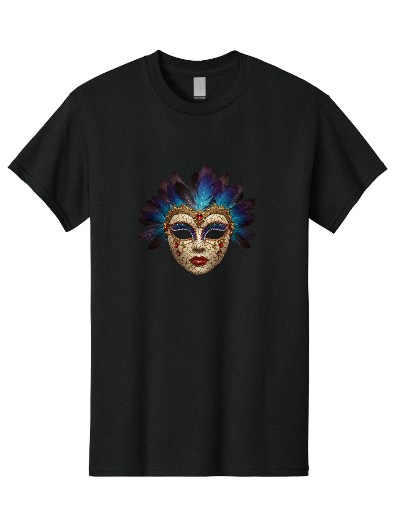 Venetian-Mask-3 Men'S Graphic Tee, 100% Cotton, Comfortable Casual Summer Wear, Machine Washable, Masquerade Ball, Venetian Mask, Luxury Fashion, Gold Accents, Red Lips, Rhinestones, Blue Feathers, Dramatic Design, Mysterious Allure, Bad890