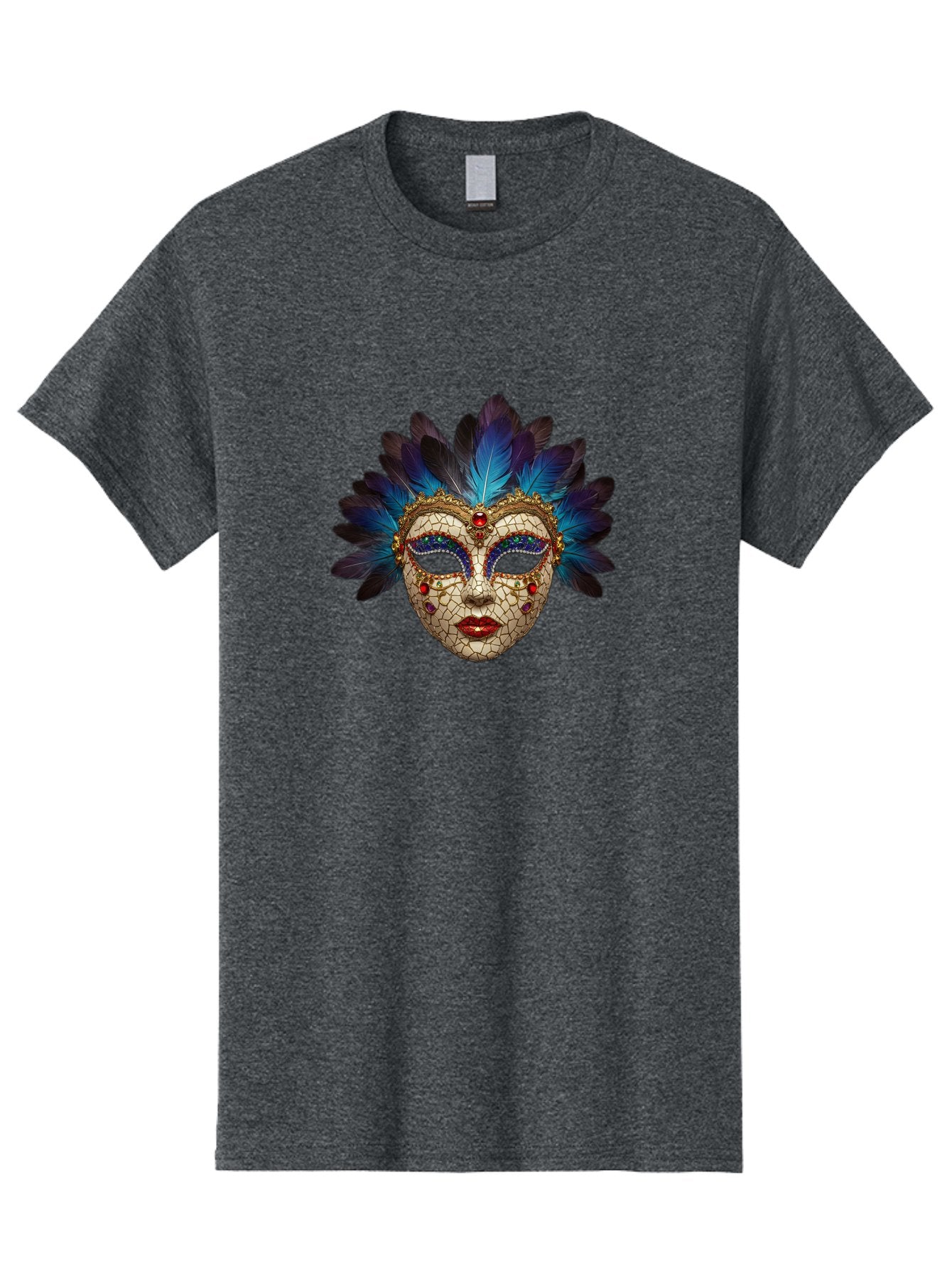 Venetian-Mask-3 Men'S Graphic Tee, 100% Cotton, Comfortable Casual Summer Wear, Machine Washable, Masquerade Ball, Venetian Mask, Luxury Fashion, Gold Accents, Red Lips, Rhinestones, Blue Feathers, Dramatic Design, Mysterious Allure, Bad890 11