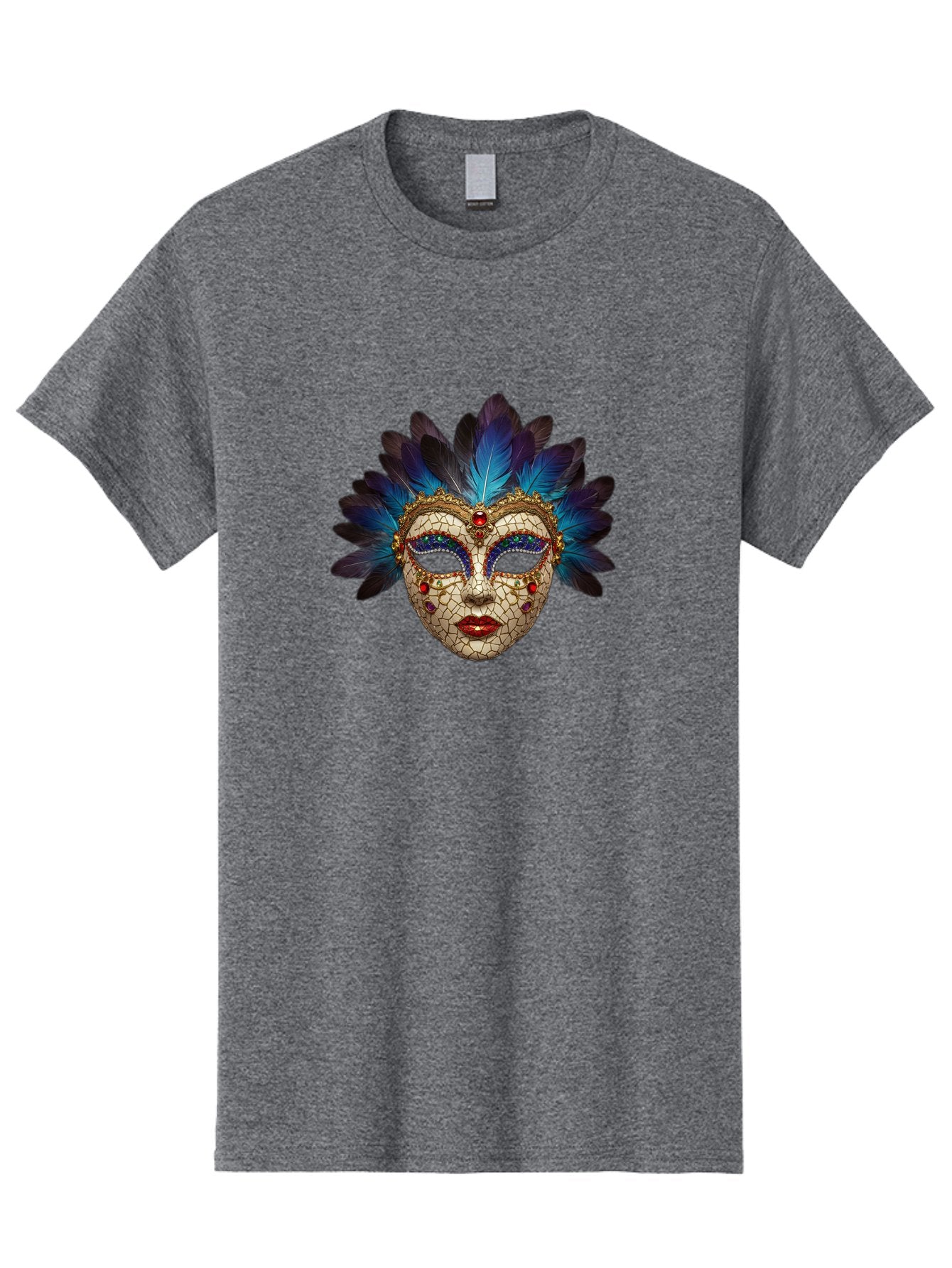 Venetian-Mask-3 Men'S Graphic Tee, 100% Cotton, Comfortable Casual Summer Wear, Machine Washable, Masquerade Ball, Venetian Mask, Luxury Fashion, Gold Accents, Red Lips, Rhinestones, Blue Feathers, Dramatic Design, Mysterious Allure, Bad890 4