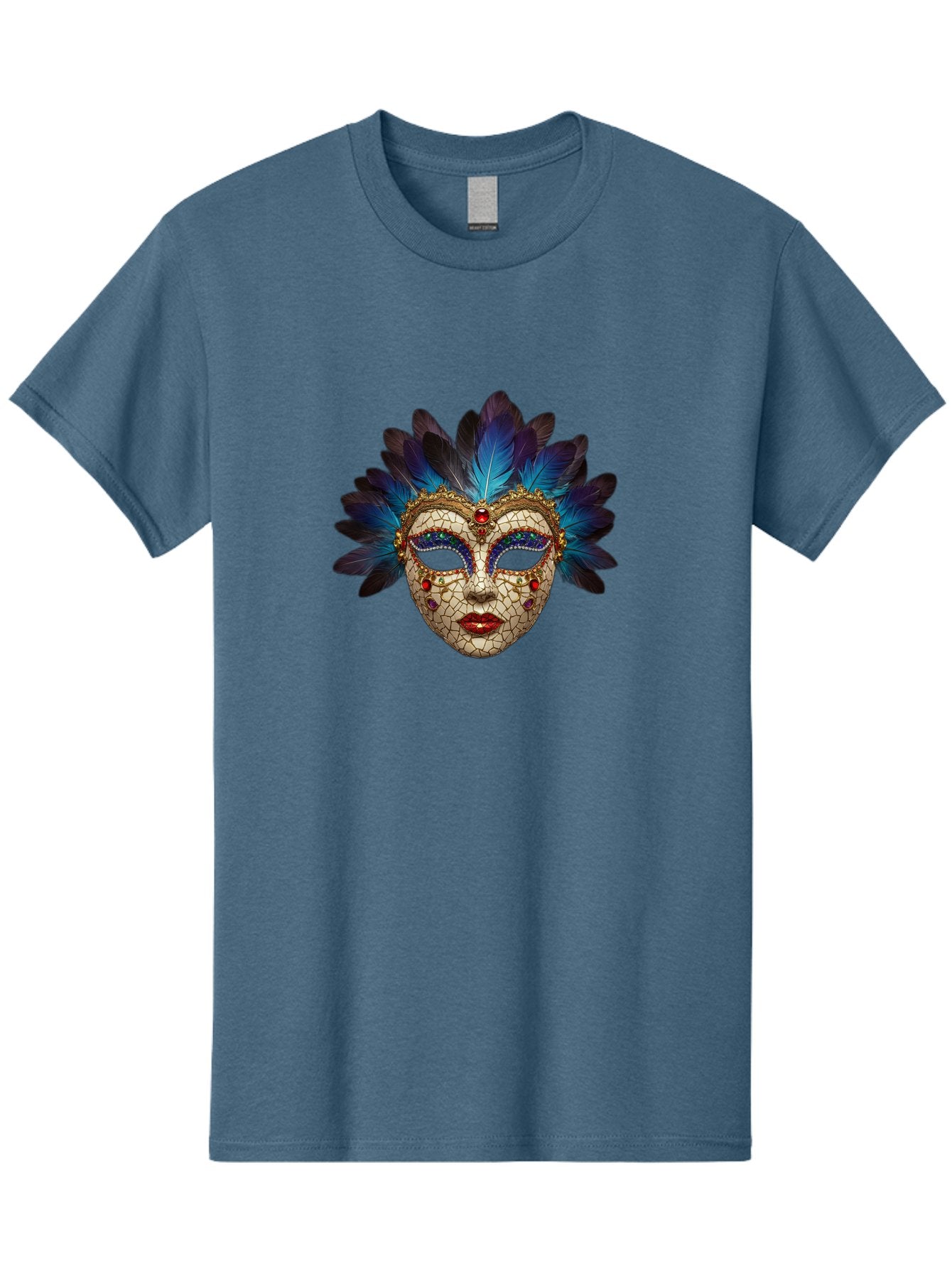 Venetian-Mask-3 Men'S Graphic Tee, 100% Cotton, Comfortable Casual Summer Wear, Machine Washable, Masquerade Ball, Venetian Mask, Luxury Fashion, Gold Accents, Red Lips, Rhinestones, Blue Feathers, Dramatic Design, Mysterious Allure, Bad890 15
