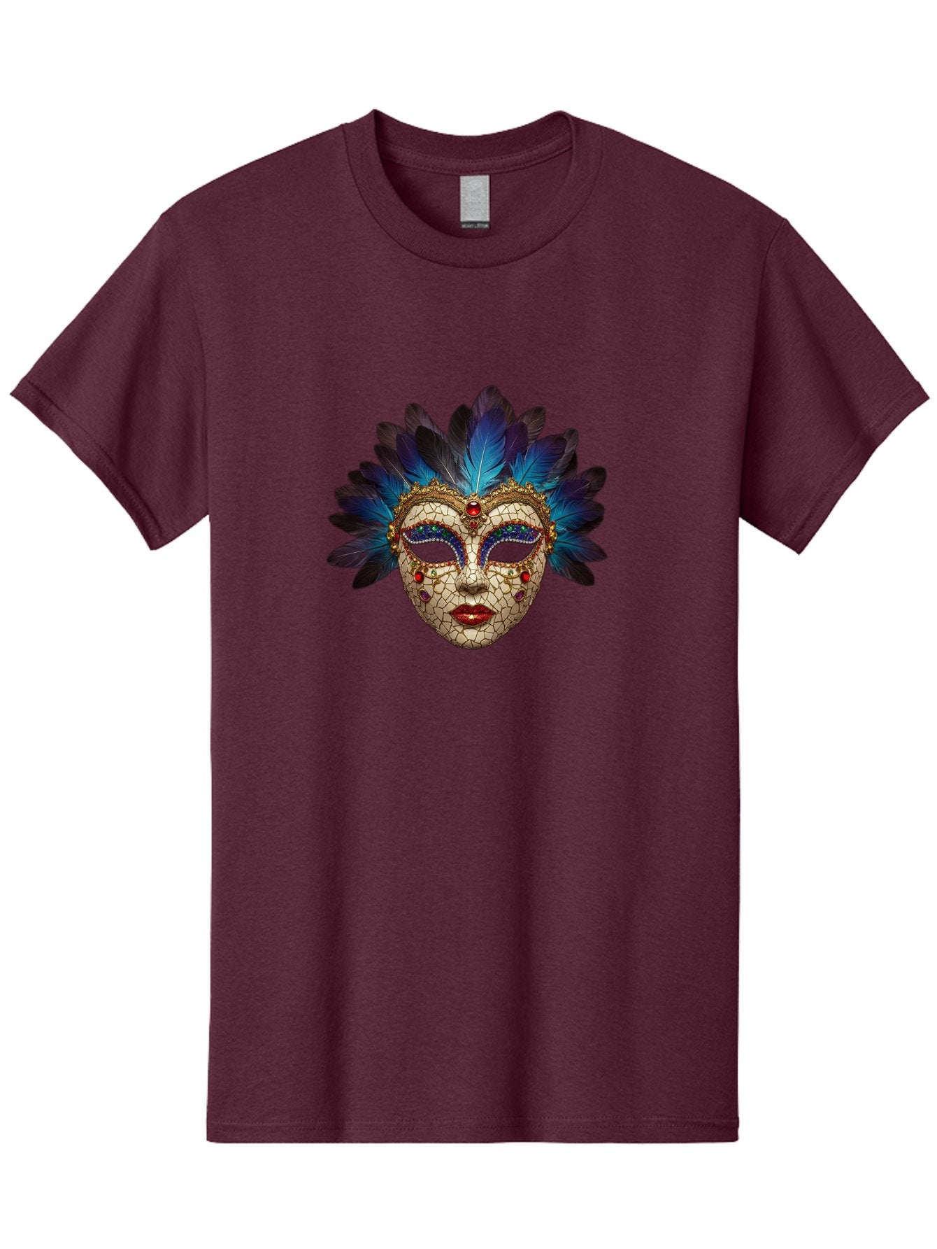 Venetian-Mask-3 Men'S Graphic Tee, 100% Cotton, Comfortable Casual Summer Wear, Machine Washable, Masquerade Ball, Venetian Mask, Luxury Fashion, Gold Accents, Red Lips, Rhinestones, Blue Feathers, Dramatic Design, Mysterious Allure, Bad890 13