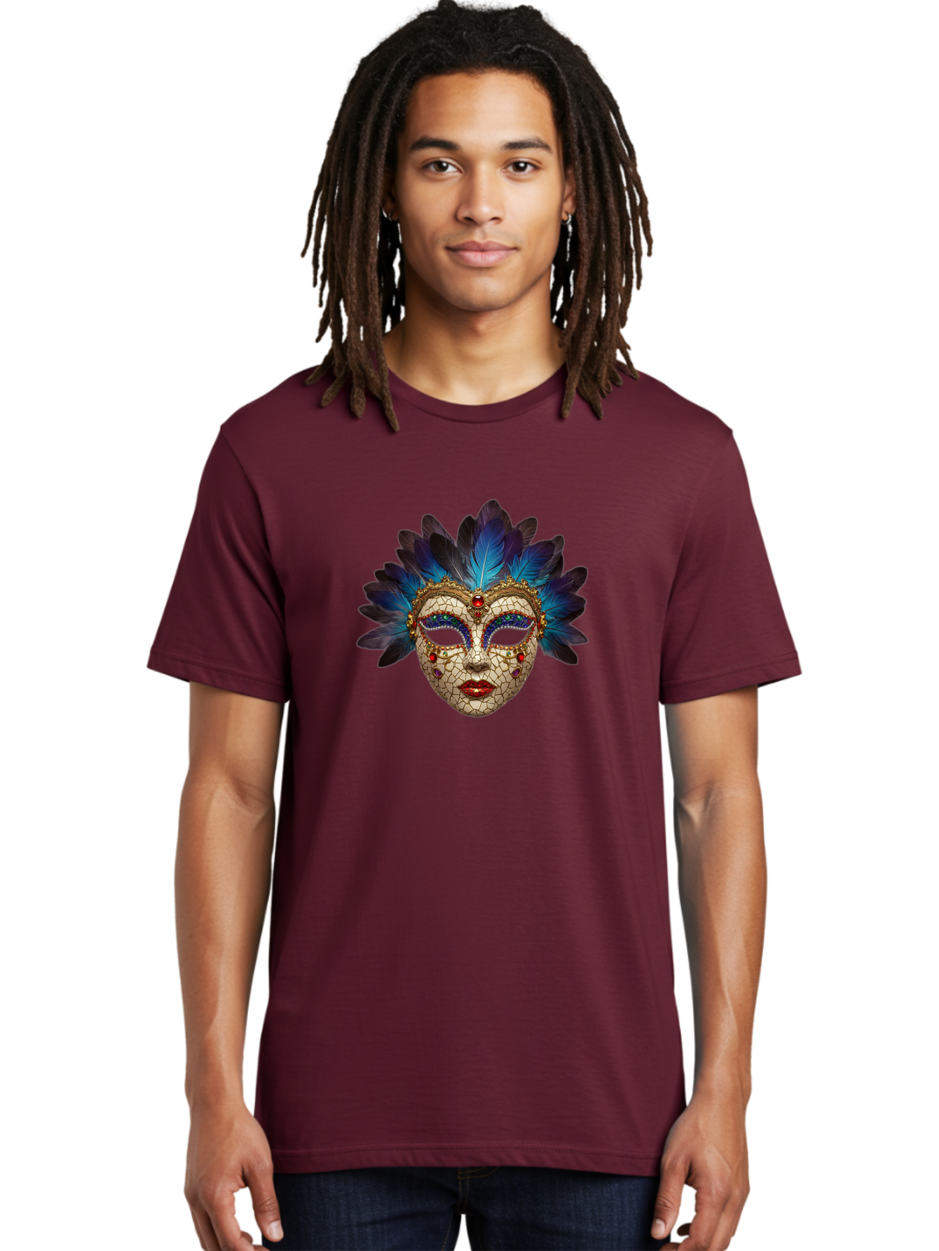 Venetian-Mask-3 Men'S Graphic Tee, 100% Cotton, Comfortable Casual Summer Wear, Machine Washable, Masquerade Ball, Venetian Mask, Luxury Fashion, Gold Accents, Red Lips, Rhinestones, Blue Feathers, Dramatic Design, Mysterious Allure, Bad890 30