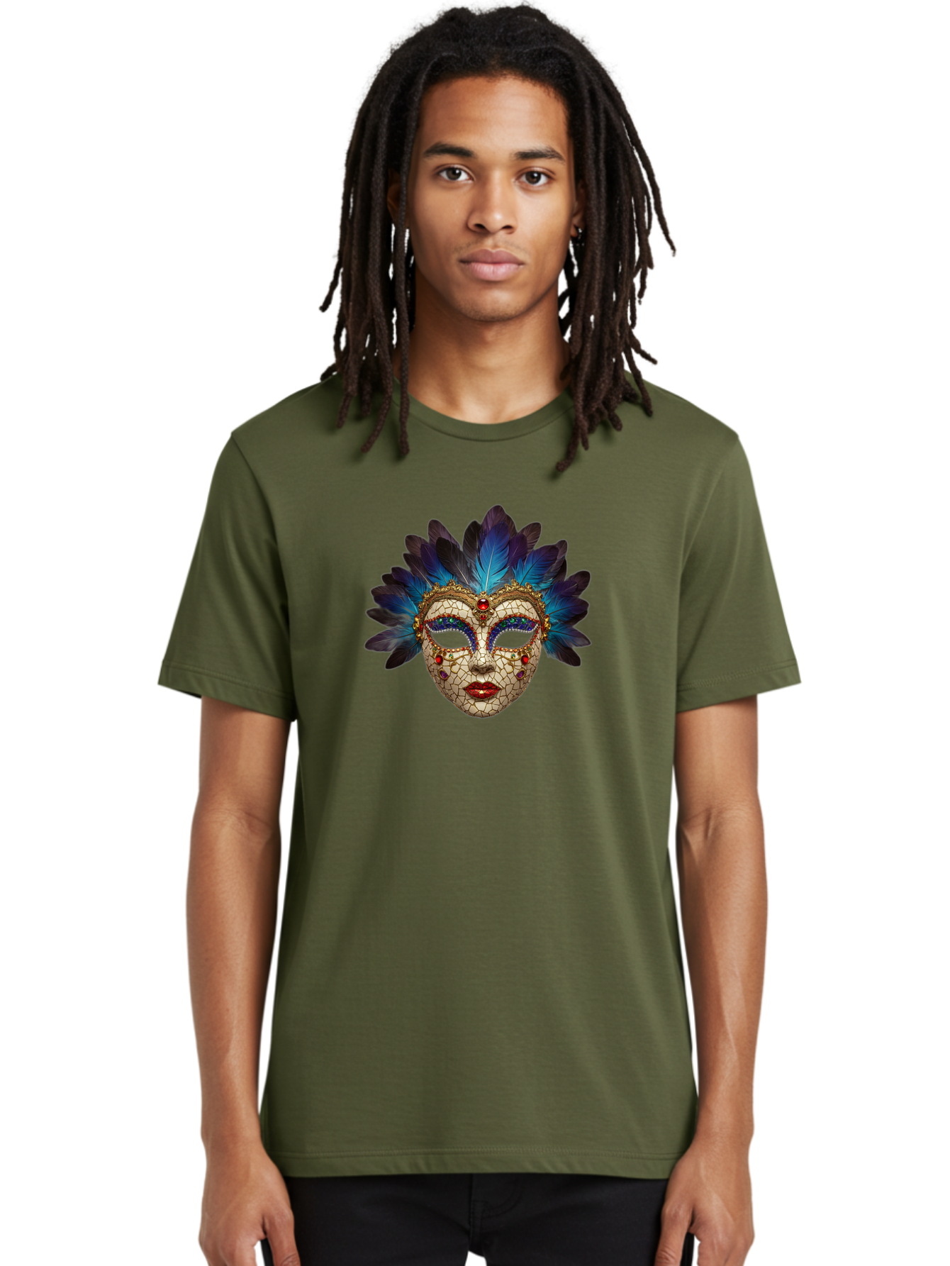 Venetian-Mask-3 Men'S Graphic Tee, 100% Cotton, Comfortable Casual Summer Wear, Machine Washable, Masquerade Ball, Venetian Mask, Luxury Fashion, Gold Accents, Red Lips, Rhinestones, Blue Feathers, Dramatic Design, Mysterious Allure, Bad890 29