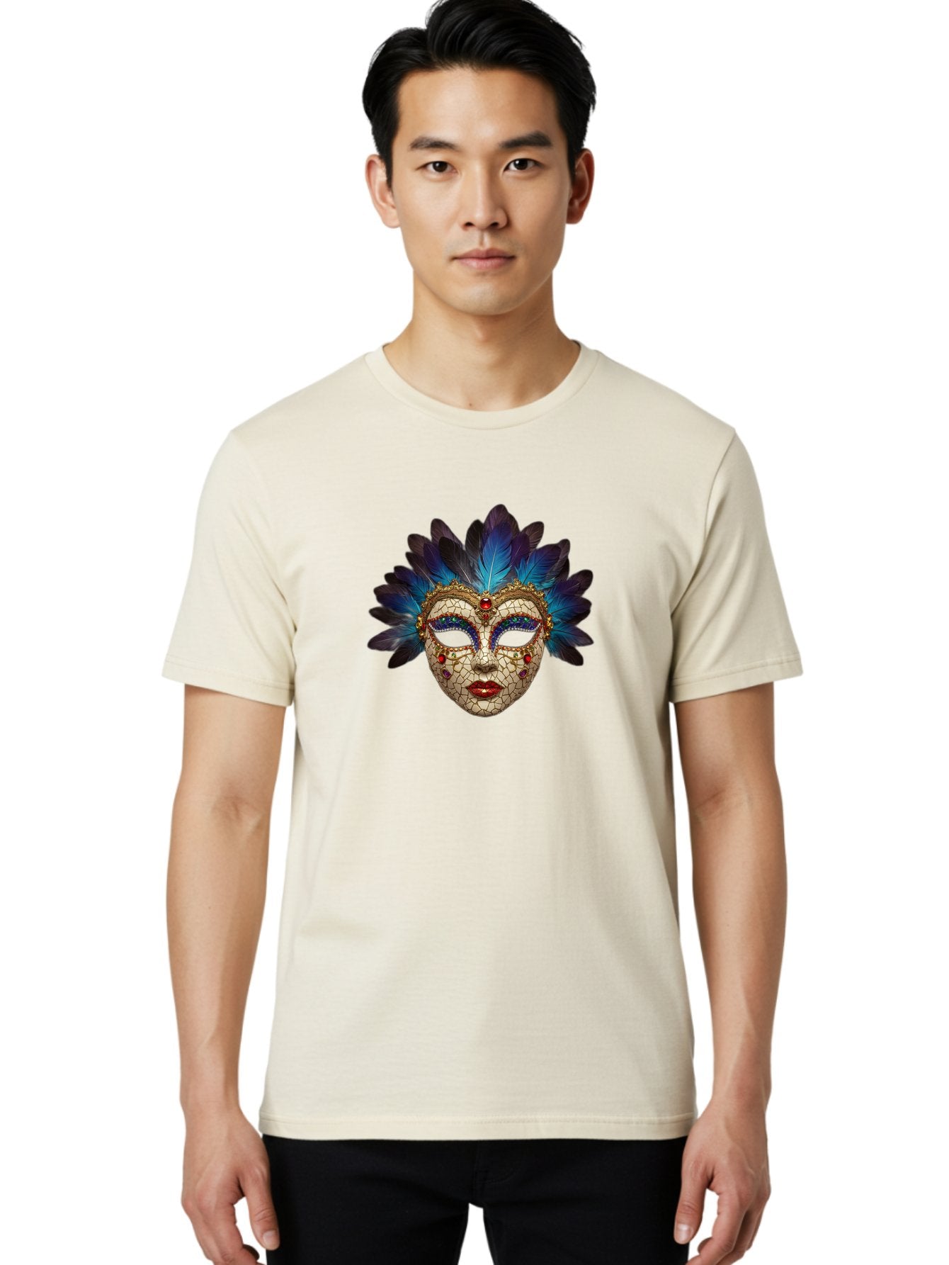 Venetian-Mask-3 Men'S Graphic Tee, 100% Cotton, Comfortable Casual Summer Wear, Machine Washable, Masquerade Ball, Venetian Mask, Luxury Fashion, Gold Accents, Red Lips, Rhinestones, Blue Feathers, Dramatic Design, Mysterious Allure, Bad890 28