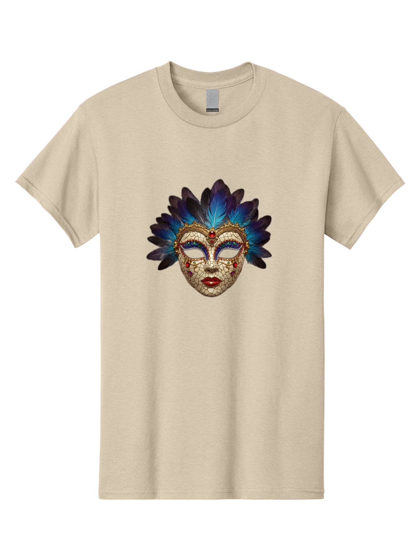 Venetian-Mask-3 Men'S Graphic Tee, 100% Cotton, Comfortable Casual Summer Wear, Machine Washable, Masquerade Ball, Venetian Mask, Luxury Fashion, Gold Accents, Red Lips, Rhinestones, Blue Feathers, Dramatic Design, Mysterious Allure, Bad890 3