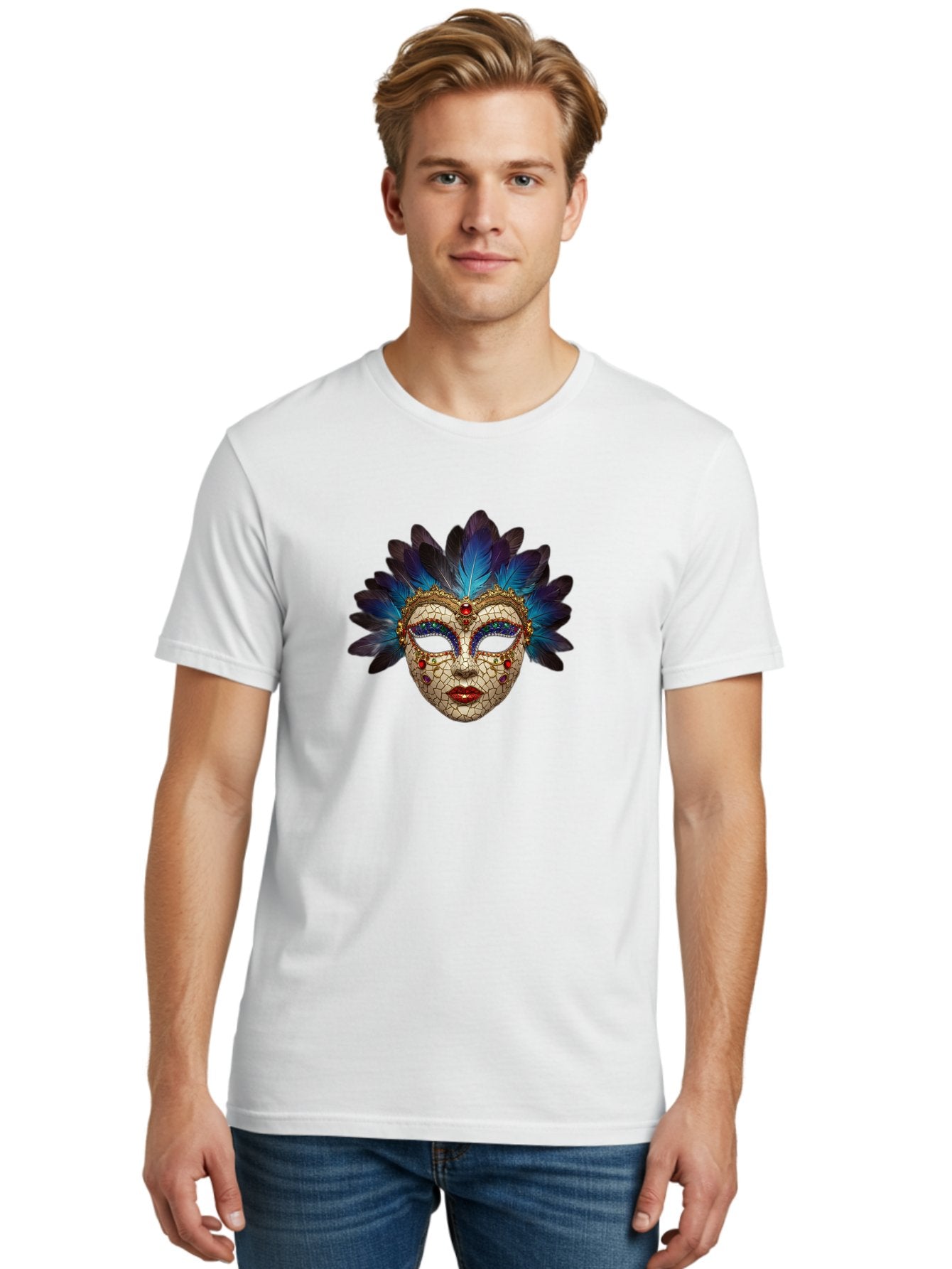 Venetian-Mask-3 Men'S Graphic Tee, 100% Cotton, Comfortable Casual Summer Wear, Machine Washable, Masquerade Ball, Venetian Mask, Luxury Fashion, Gold Accents, Red Lips, Rhinestones, Blue Feathers, Dramatic Design, Mysterious Allure, Bad890 21