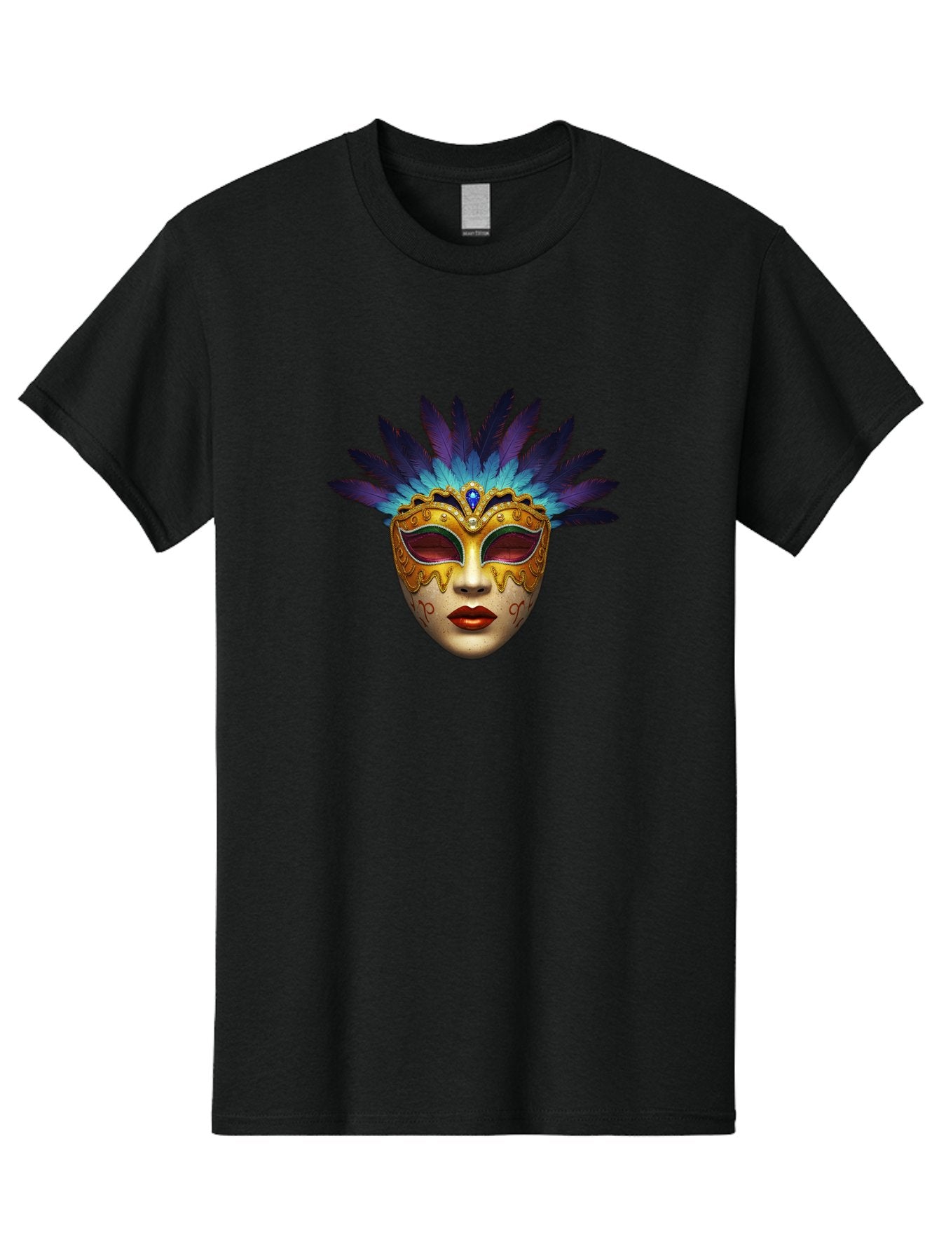 Venetian-Mask-4 Men'S Graphic Tee, 100% Cotton, Comfortable Casual Summer Wear, Machine Washable, Golden Venetian Mask, Mask With Feathers, Purple And Blue Feathers, Golden Decoration, Red Lips, Carnival Mask, Masquerade Ball, Mysterious Mask Bad891 5