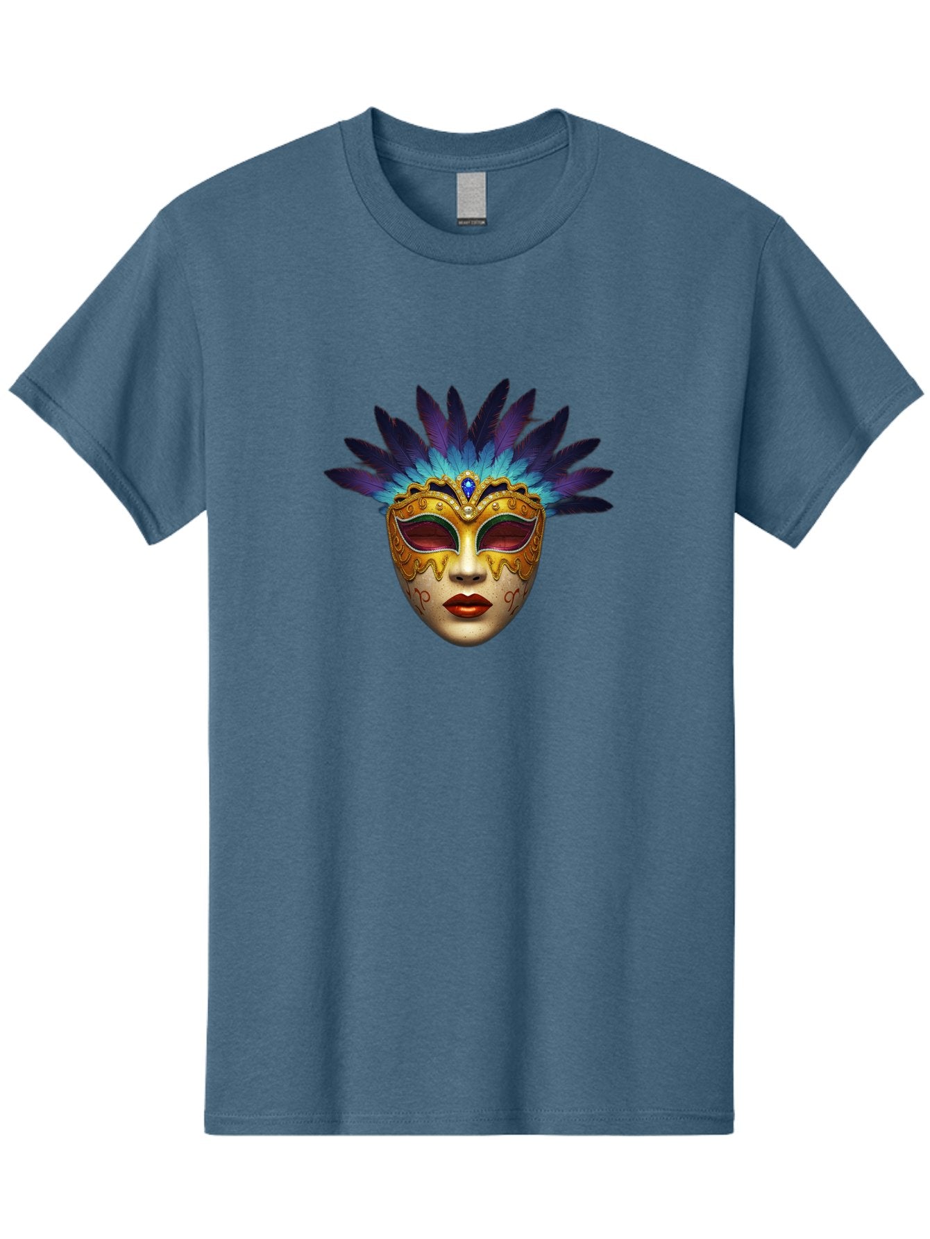 Venetian-Mask-4 Men'S Graphic Tee, 100% Cotton, Comfortable Casual Summer Wear, Machine Washable, Golden Venetian Mask, Mask With Feathers, Purple And Blue Feathers, Golden Decoration, Red Lips, Carnival Mask, Masquerade Ball, Mysterious Mask Bad891 12
