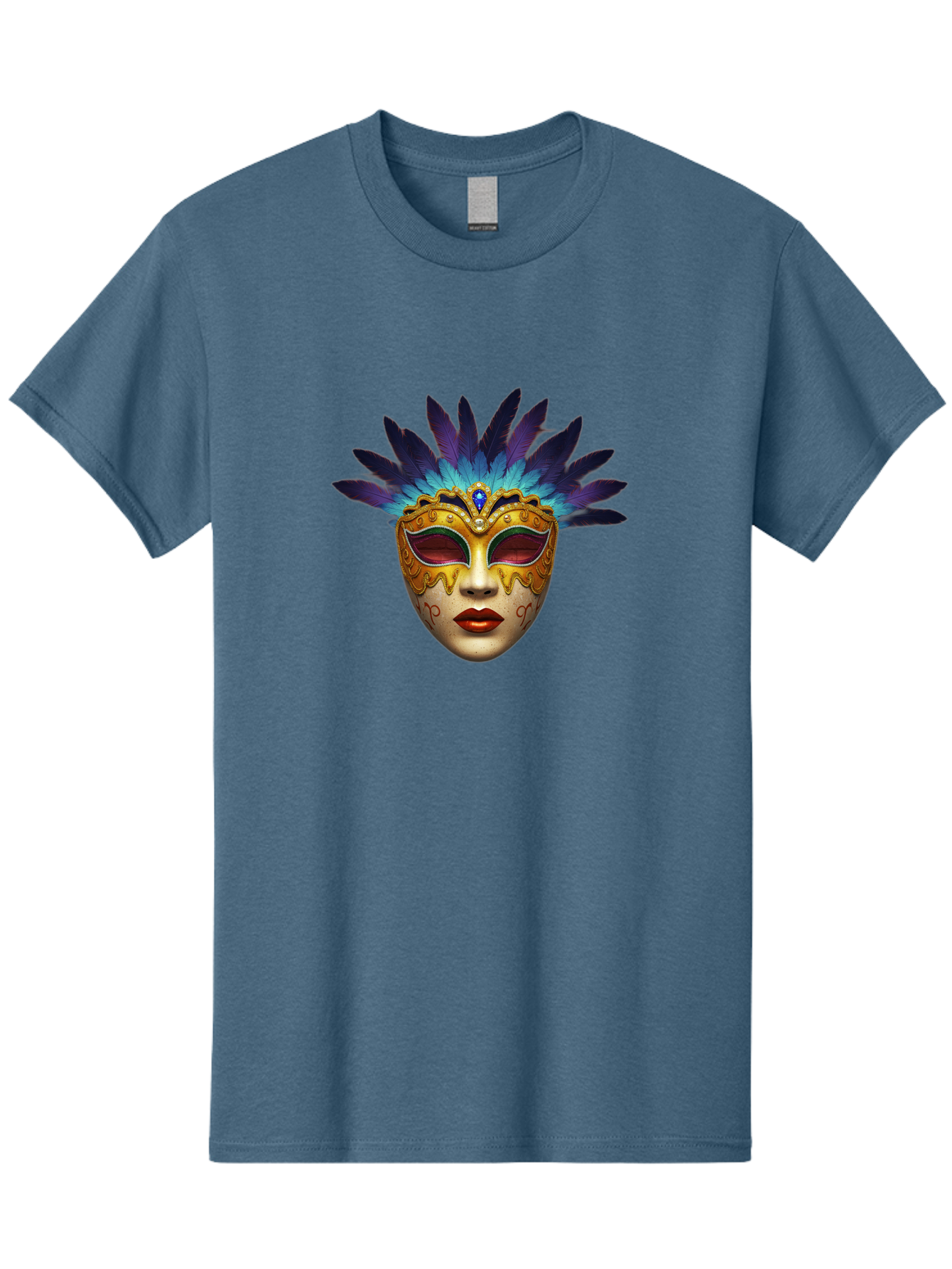 Venetian-Mask-4 Men'S Graphic Tee, 100% Cotton, Comfortable Casual Summer Wear, Machine Washable, Golden Venetian Mask, Mask With Feathers, Purple And Blue Feathers, Golden Decoration, Red Lips, Carnival Mask, Masquerade Ball, Mysterious Mask Bad891 3