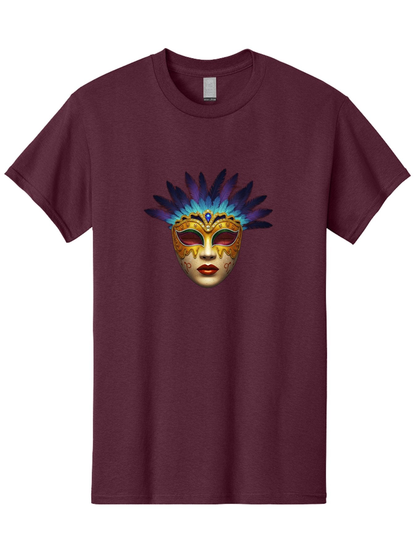 Venetian-Mask-4 Men'S Graphic Tee, 100% Cotton, Comfortable Casual Summer Wear, Machine Washable, Golden Venetian Mask, Mask With Feathers, Purple And Blue Feathers, Golden Decoration, Red Lips, Carnival Mask, Masquerade Ball, Mysterious Mask Bad891 3